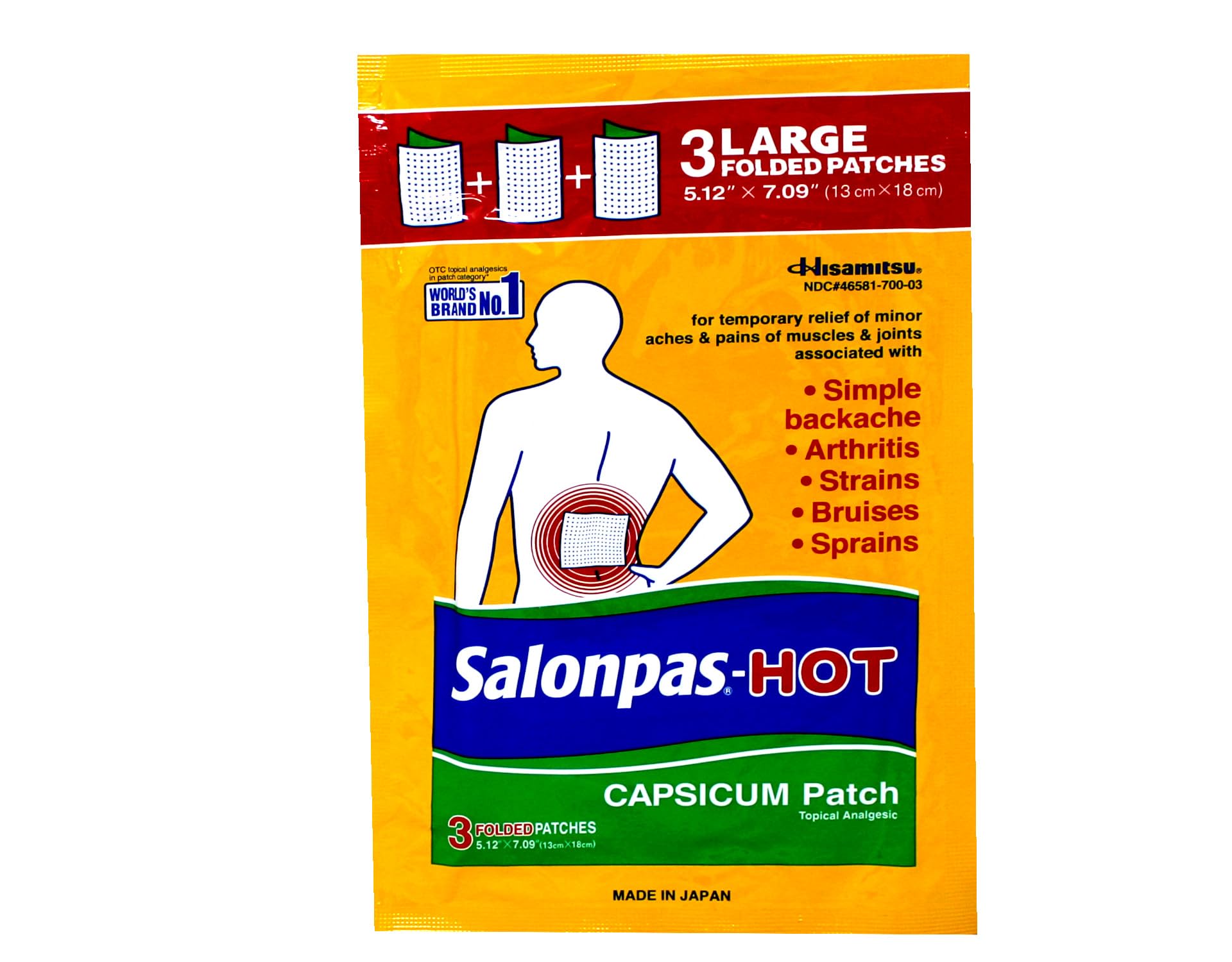 Orange Salonpas Pain Relieving HOT Capsicum Patch, 3 Count per Pack Pack, for Back, Neck, Shoulder, Knee Pain and Muscle Soreness, 8 Hour Pain Relief Pack of 2