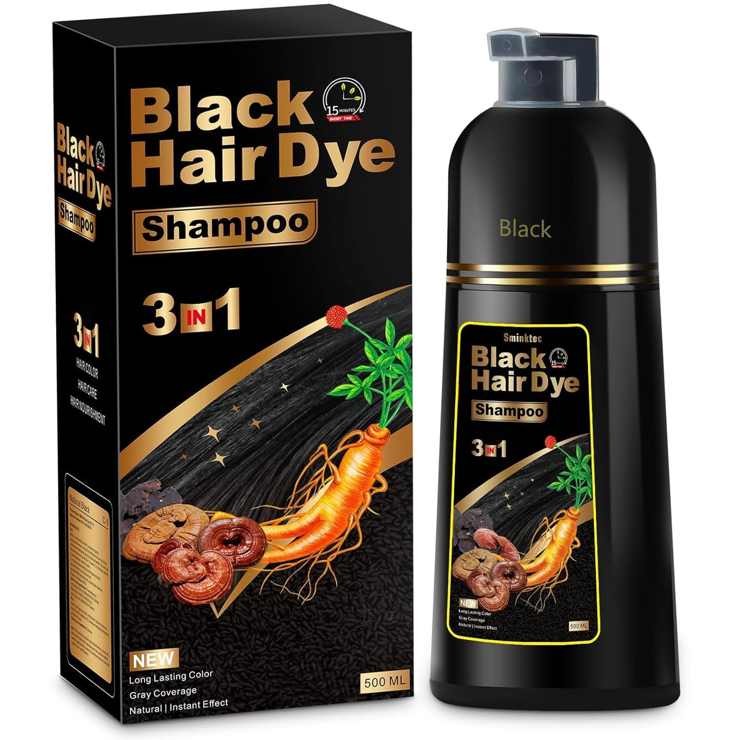 Black GDRFNP Black Hair Dye Shampoo 3 in 1, Herbal Shampoo Hair Dye for Women Men, Grey Coverage Shampoo 16.9fl oz