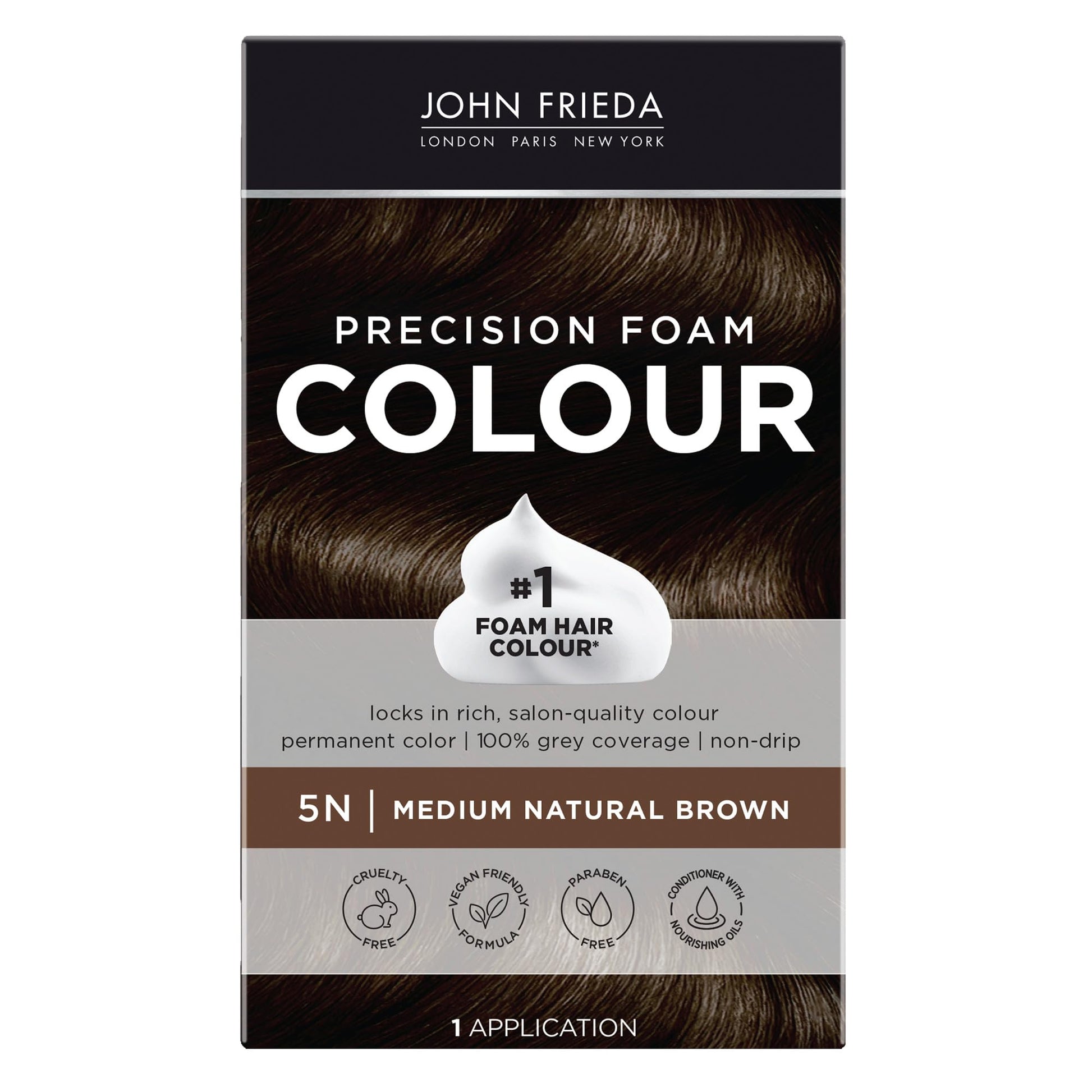 Black John Frieda Precision Foam Colour, Medium Natural Brown 5N, Full-coverage Hair Color Kit, Anti-Fade Gray Coverage, Deep Color Saturation Hair Dye, 1 Application