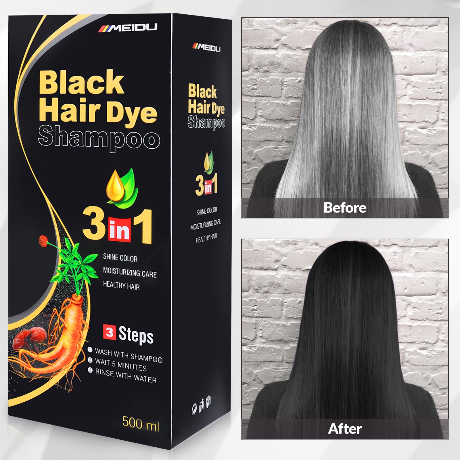 Black MEIDU Black Hair Dye Shampoo 3 in 1 for Gray Hair, Black Hair Dye for Women Men, Hair Color for Women Herbal Ingredients Natural (500ml,16.9oz) (Black)