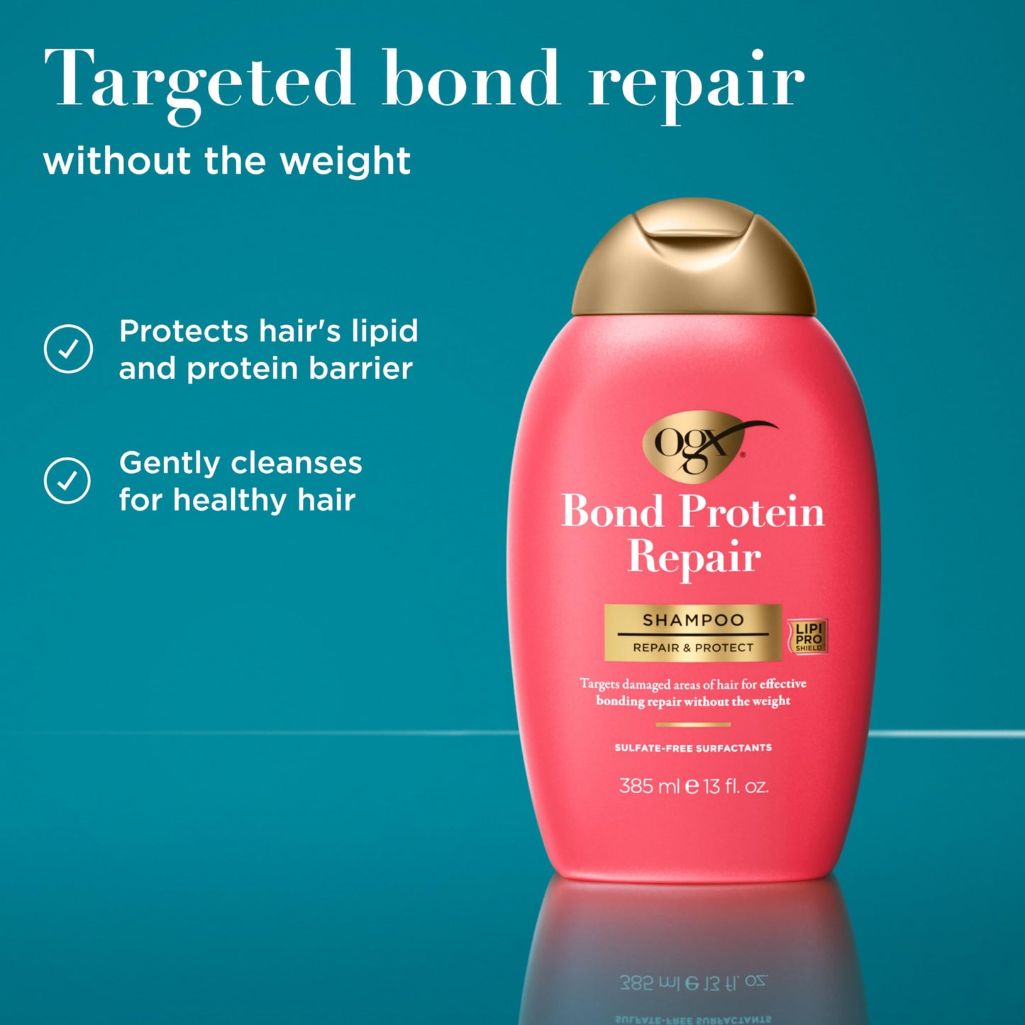 Dark Cyan OGX Repair & Protect Bond Protein Repair Shampoo, Lightweight Hair Wash Cleanses & Targets Damaged Hair for Effective Bond Repair, Formulated without Parabens, 13 fl. oz