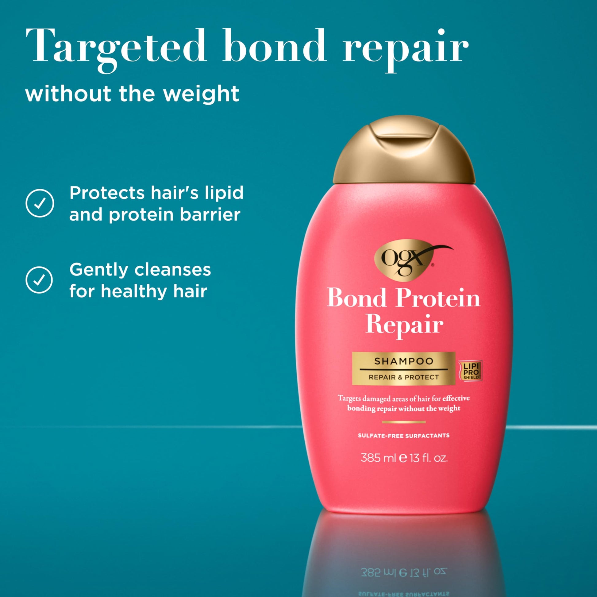 Dark Cyan OGX Repair & Protect Bond Protein Repair Shampoo, Lightweight Hair Wash Cleanses & Targets Damaged Hair for Effective Bond Repair, Formulated without Parabens, 13 fl. oz