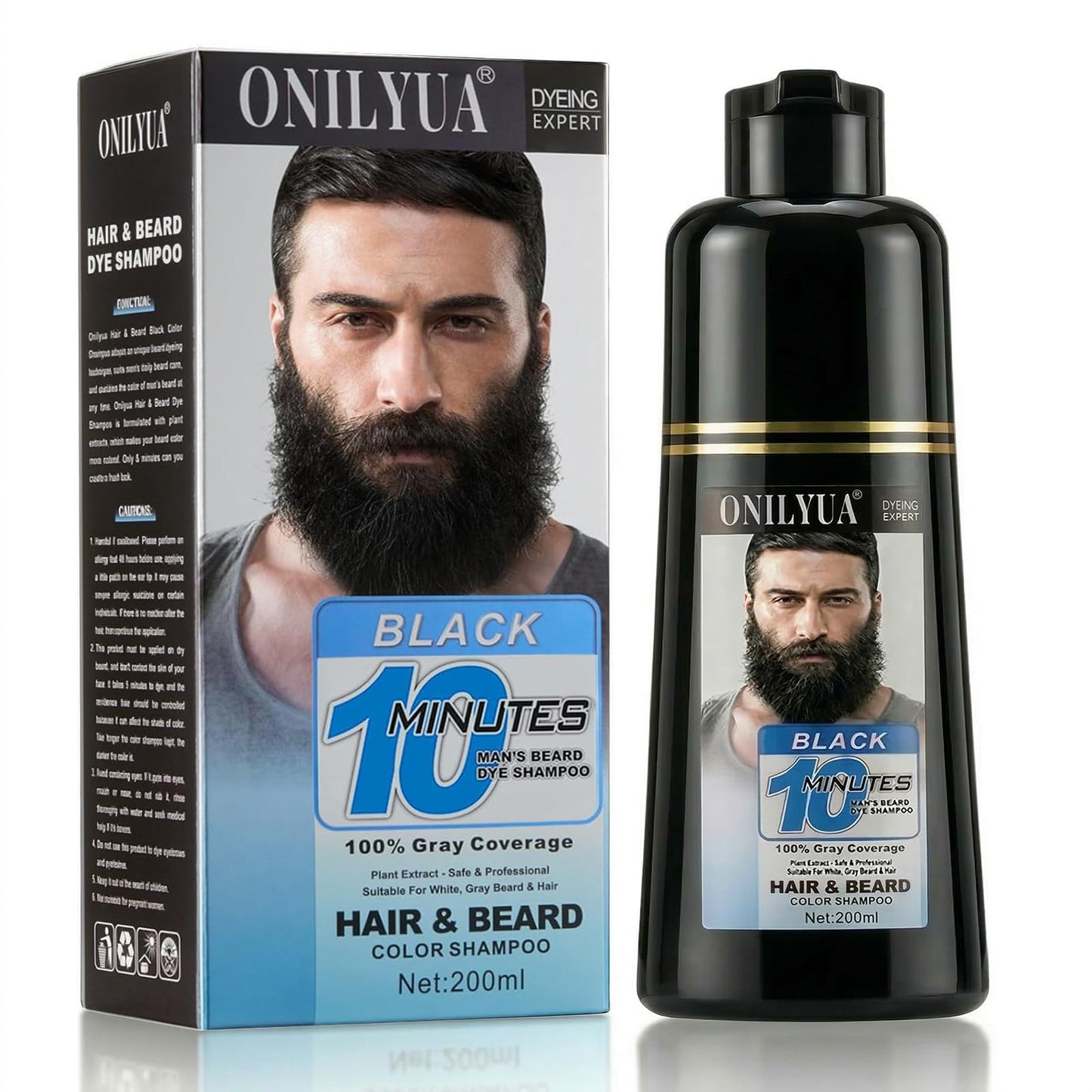 White Smoke Beard Dye For Men, 10-Minute Instant Gray Coverage, 3 in 1 Black Mens Beard & Mustache Dye Shampoo with 4-6 Weeks Lasting Color, Nourishing with Argan Oil & Noni Fruit, No-Mess Application 6.76 Fl Oz