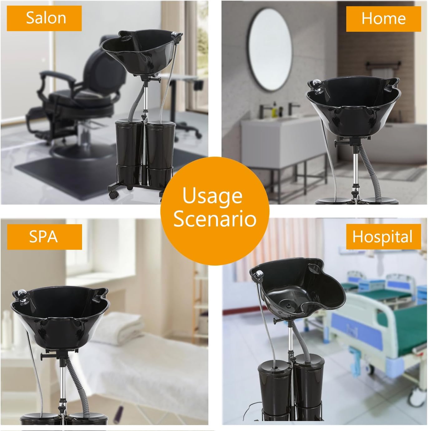 Gray Portable Shampoo Bowl with Electric Pump (Pack of 1) | Adjustable Basin Height, Dual-Bucket Design with Drain Hoses | Home & Barber Use |