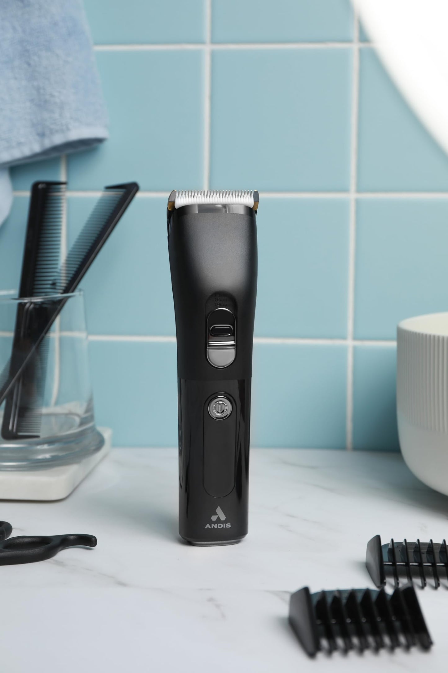Light Steel Blue Andis 560547 Envision Cordless High-Speed Hair Clipper, 21-Piece Kit, Adjustable Blade, 1.5” LED Digital Display Screen, Black