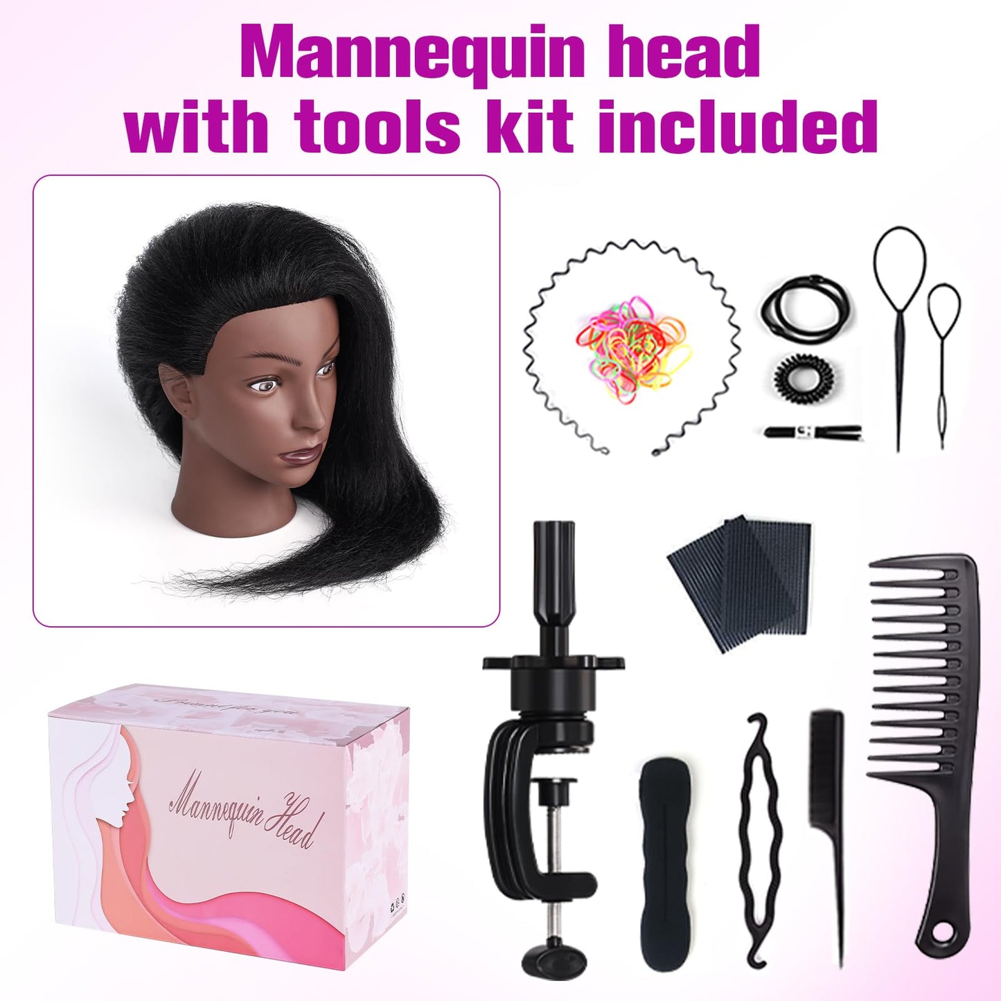 White Smoke 100% Real Hair Mannequin Head,22''Human Hair Mannequin Cosmetology Manikin Doll Head Hair Styling Hairdressing Practice Training Head with Clamp Holder and Tools（Black）