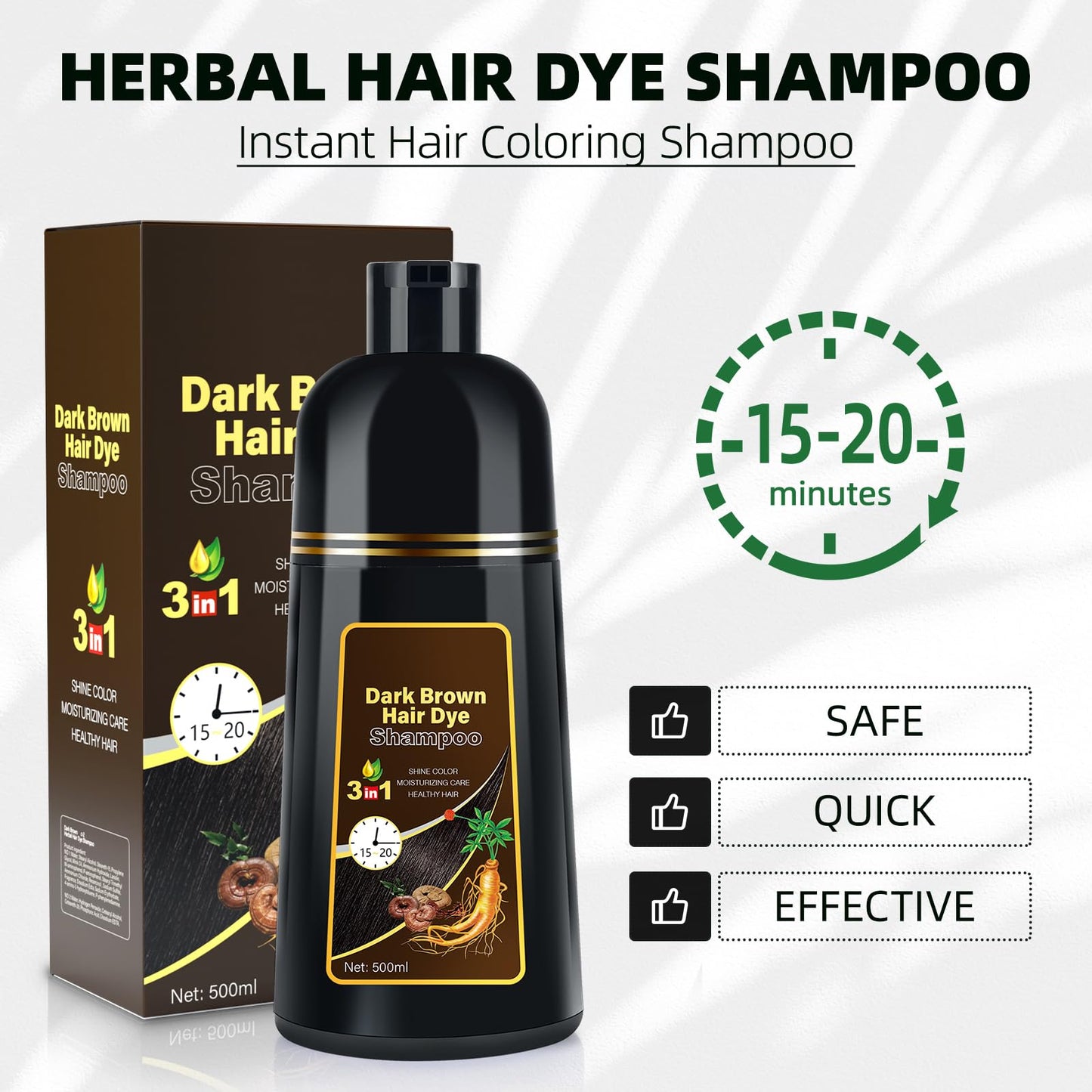 White Smoke Dark Brown Hair Dye Shampoo 3 in 1 for Gray Coverage for Women/Men, Color Shampoo Instant Herbal Ingredients Semi Permanent