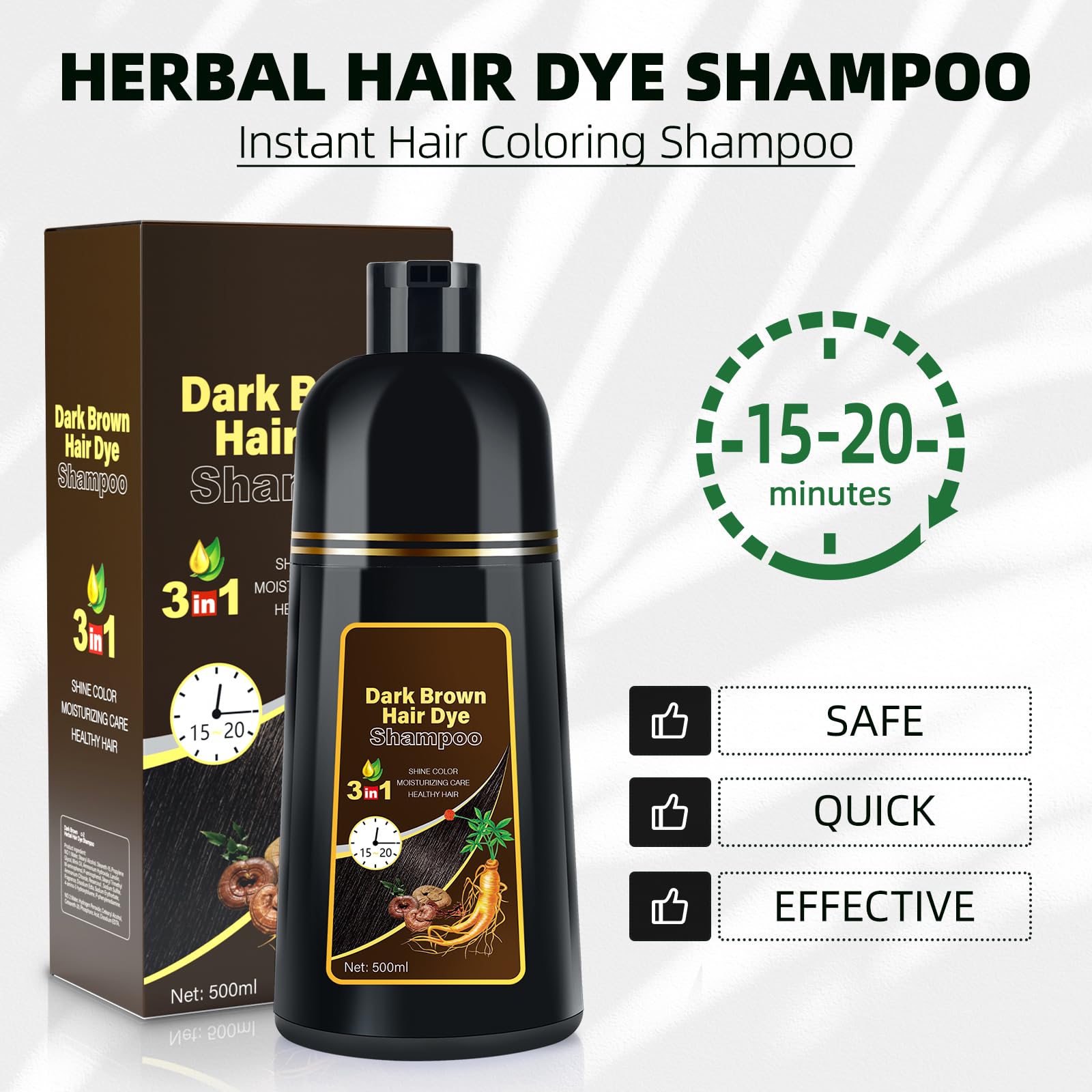 White Smoke Dark Brown Hair Dye Shampoo 3 in 1 for Gray Coverage for Women/Men, Color Shampoo Instant Herbal Ingredients Semi Permanent