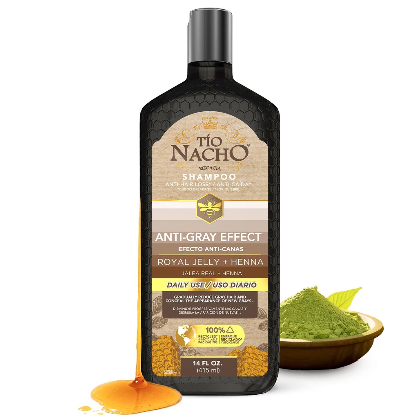 White Smoke Tio Nacho Anti-Gray Effect Shampoo with Henna and Royal Jelly, Gray Coverage Shampoo and Hair Dye for Women and Men, Natural Henna Hair Color Shampoo for Gray Blending, Daily Use, 14 fl oz