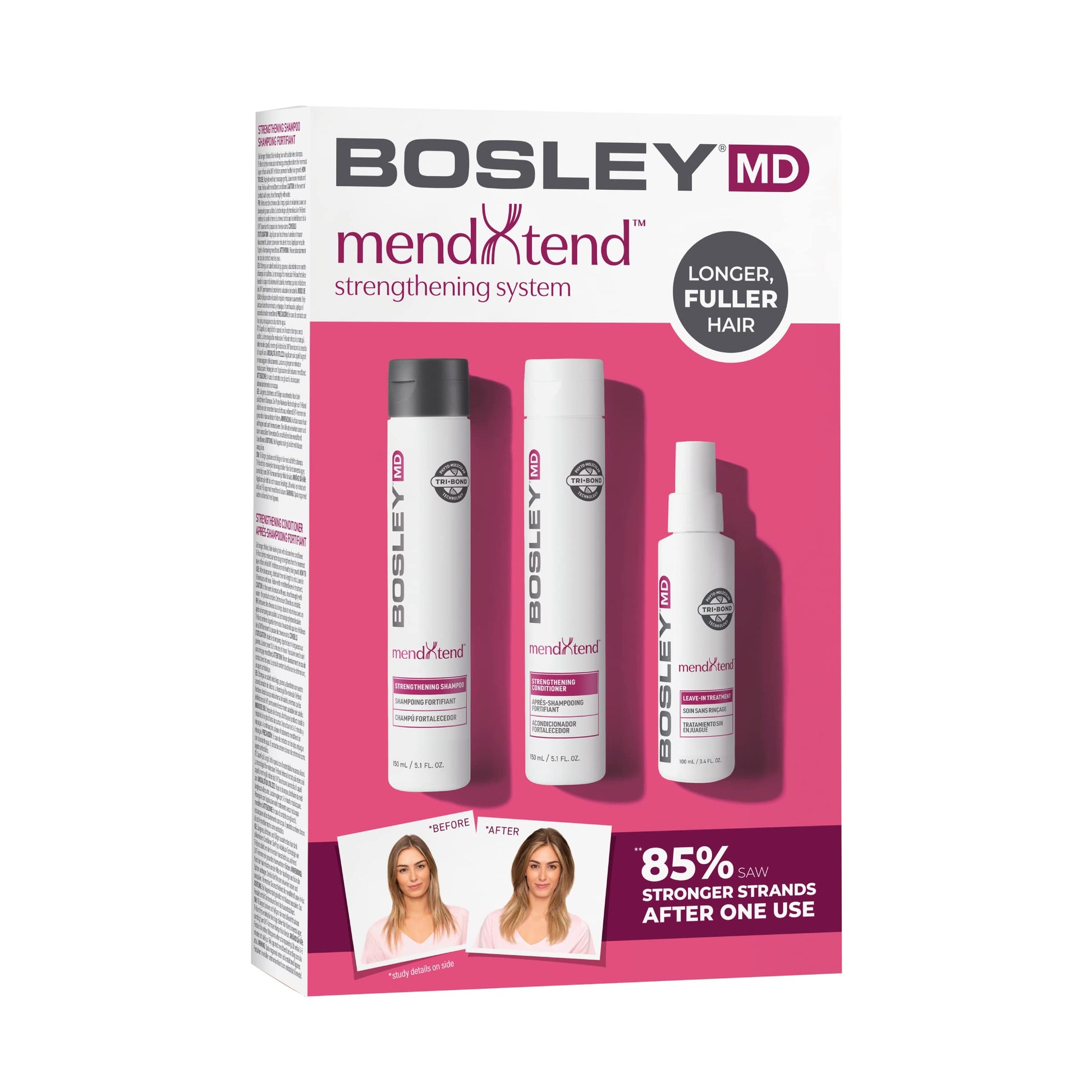 White Smoke BosleyMD MendXtend Hair Strengthening System Kit – Shampoo, Conditioner & Leave-In Treatment with Biotin, DHT Blockers & Tri-Bond Technology – Anti-Breakage, Thickening & Hair Growth Support