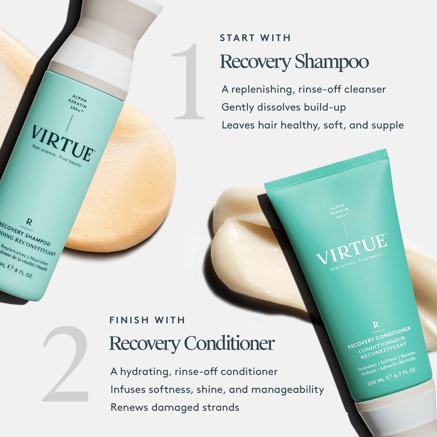 White Smoke VIRTUE Recovery Sulfate Free Shampoo with Keratin and Baobab Seed Oil for Damaged Hair, Color Safe