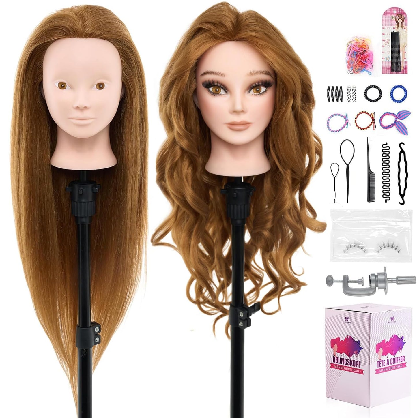 White Smoke 28" Mannequin Head Human Hair - 80% Real Hair Mannequin Head for Makeup Practice, Cosmetology Manikin Doll Head for Hair Styling, Hairdressing Training Head for Braiding #27