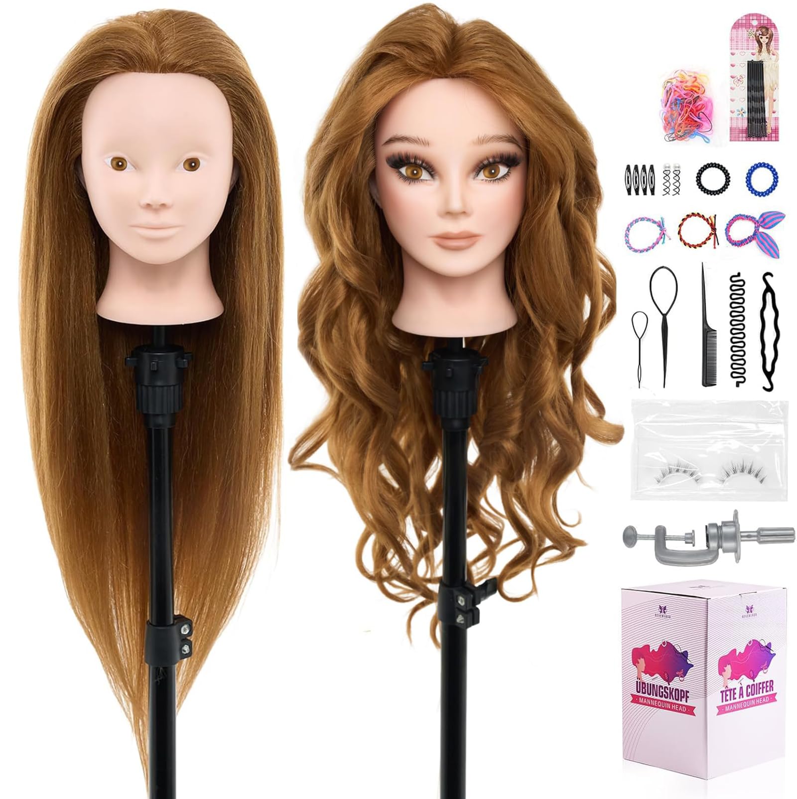 White Smoke 28" Mannequin Head Human Hair - 80% Real Hair Mannequin Head for Makeup Practice, Cosmetology Manikin Doll Head for Hair Styling, Hairdressing Training Head for Braiding #27