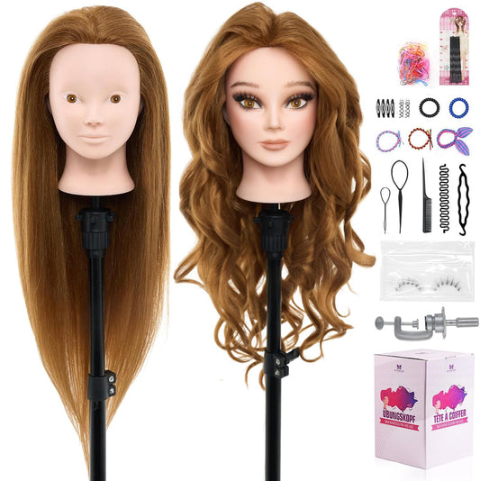 White Smoke 28" Mannequin Head Human Hair - 80% Real Hair Mannequin Head for Makeup Practice, Cosmetology Manikin Doll Head for Hair Styling, Hairdressing Training Head for Braiding #27
