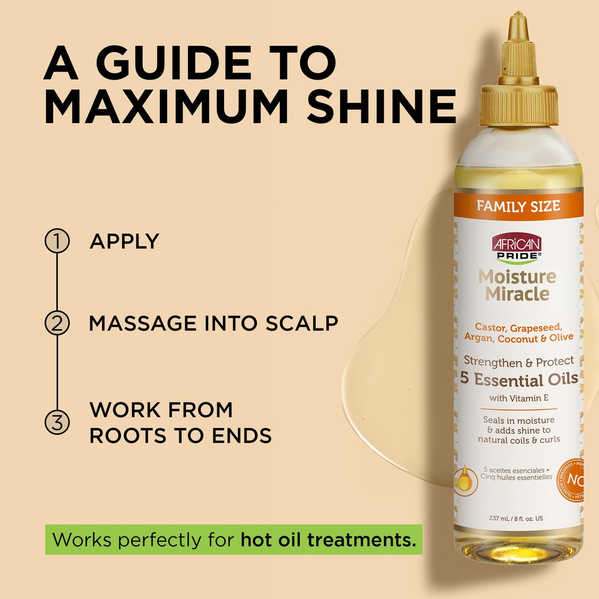 Peach Puff African Pride Moisture Miracle 5 Essential Hair Oils with Vitamin E | Moisture, Shine, Protection, and Growth | Argan, Castor, Grapeseed, Coconut, and Olive Oil | 8 oz