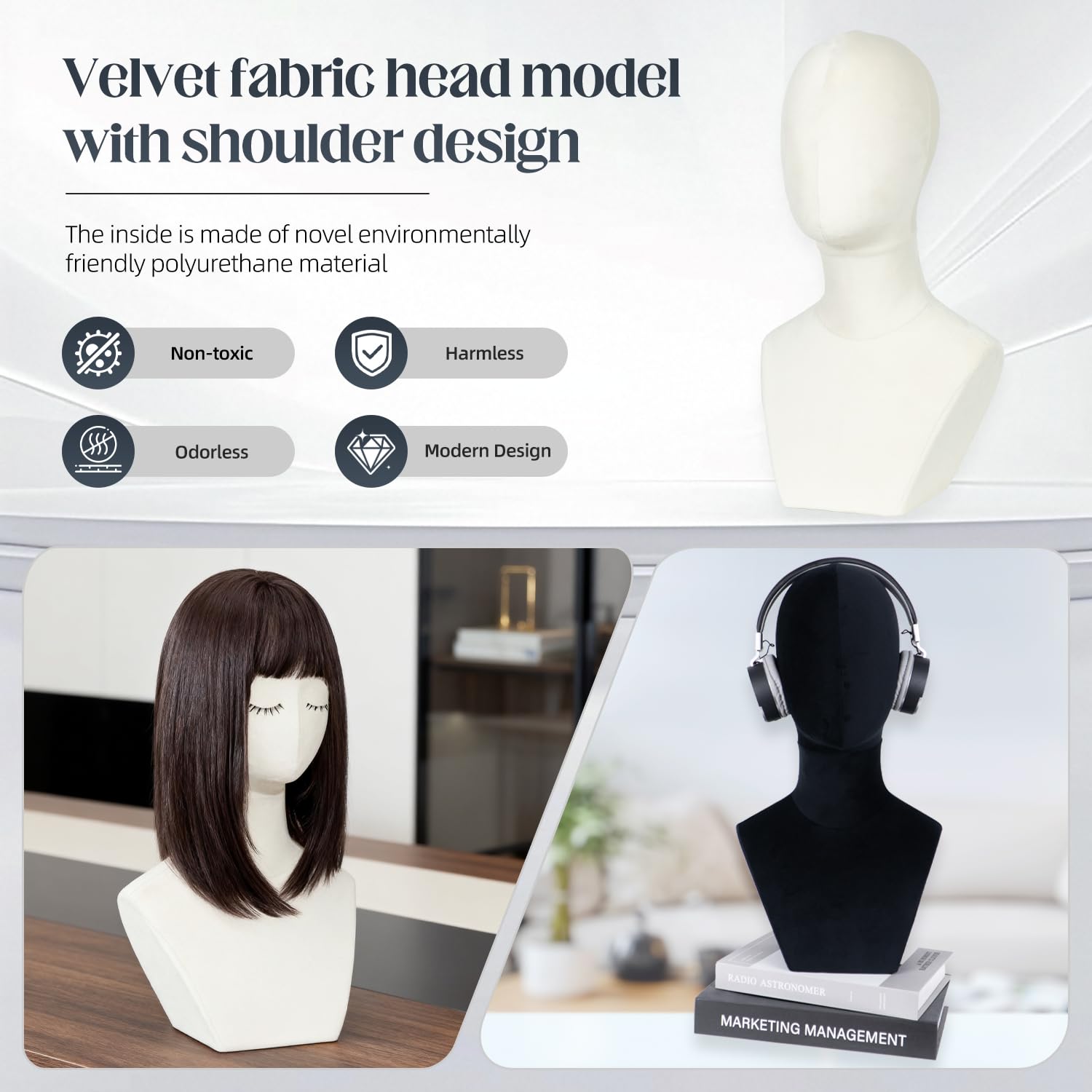 White Smoke Nyxaphoralyn Mannequin Head with Shoulders – Display Model for Wigs, Hats, Jewelry, Sunglasses – Soft Velvet Stand Bust for Store & Home Display (Elegant Black)