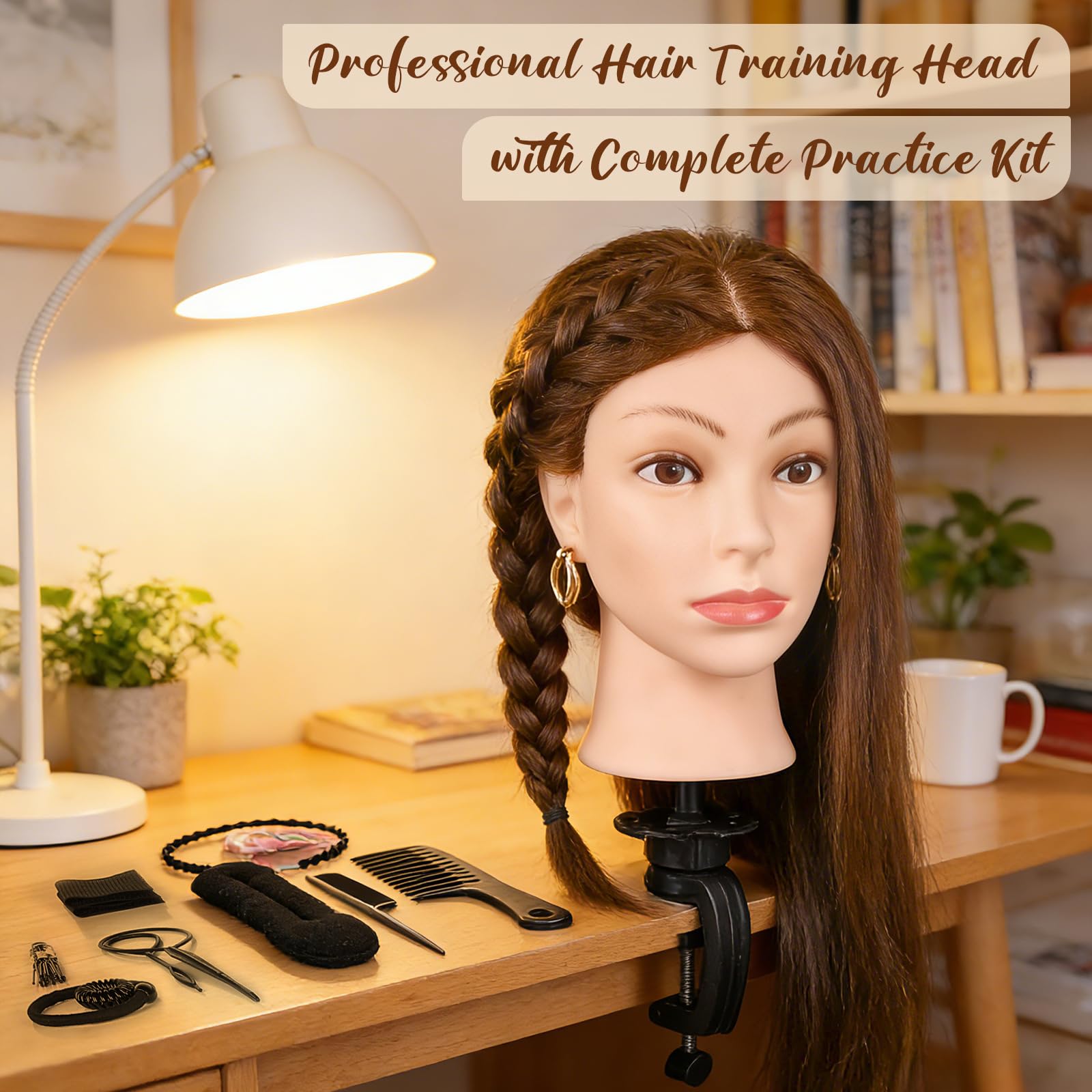 Navajo White 18 Inch 100% Real Human Hair Mannequin Head, Cosmetology Manikin Head Training Doll Head for Hair Styling, Braiding, Curling Practice, with Table Clamp Holder & Complete Styling Tools Kit(Brown)