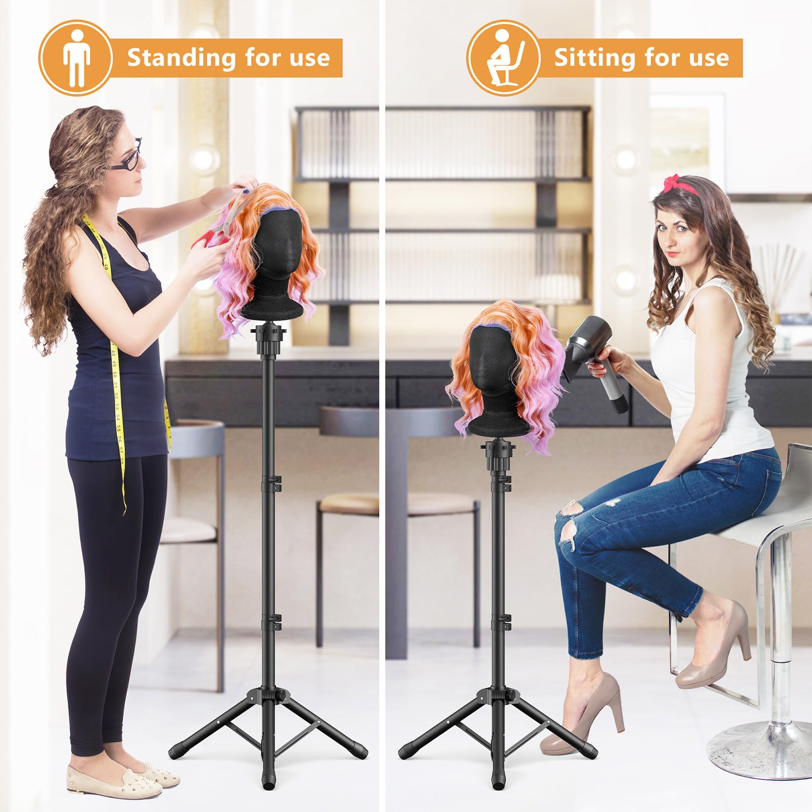 White Smoke Retbtnm Wig Head Stand 50 Inches, Height Adjustable Tripod Wig Stand, Salon Mannequin Head Stand with Anti-Slip Base for Styling, Wig Display Barber Training, Beauty School (Black)