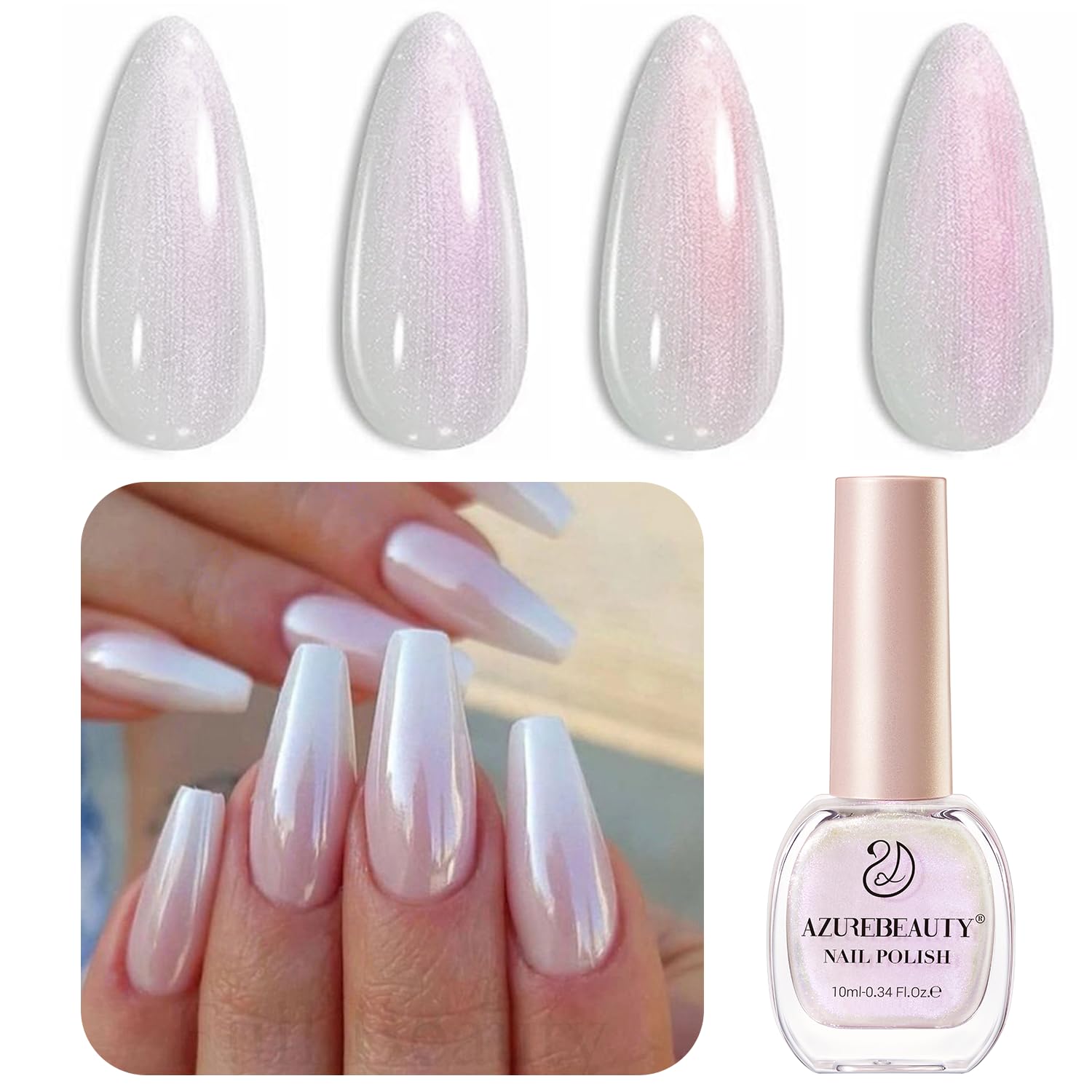 White Smoke AZUREBEAUTY Chrome Quick Dry Nail Polish | Shine Pearl, Natural Lustrous Enamel | DIY Manicure & Pedicure with Chrome Finish