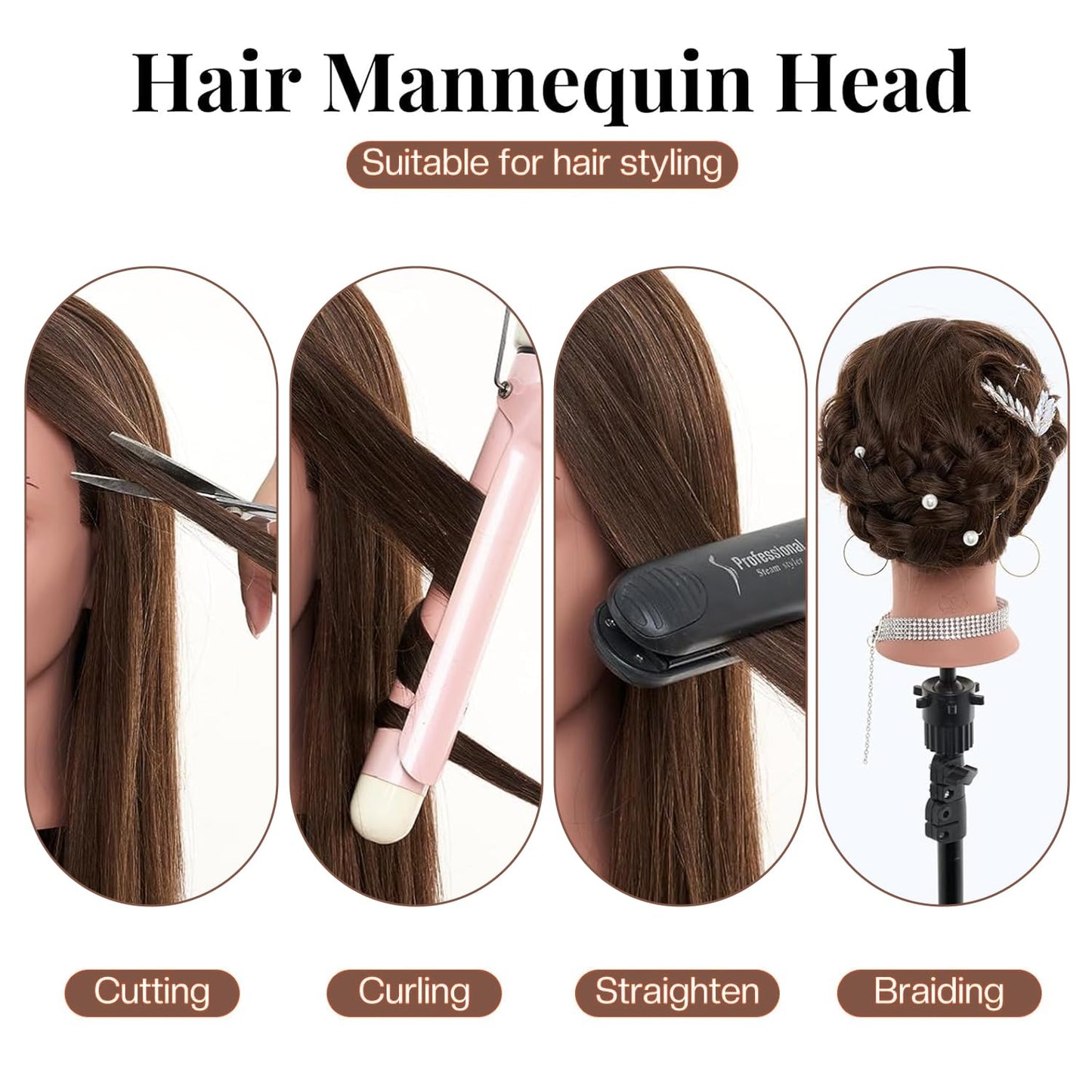 White Smoke TKIMHEQ Mannequin Head with 100% Real Hair Straight Hair 18" Doll Head Brown Skin Practice Braiding Training Head Styling Cosmetology Manikin for Hairdresser (Brown#)
