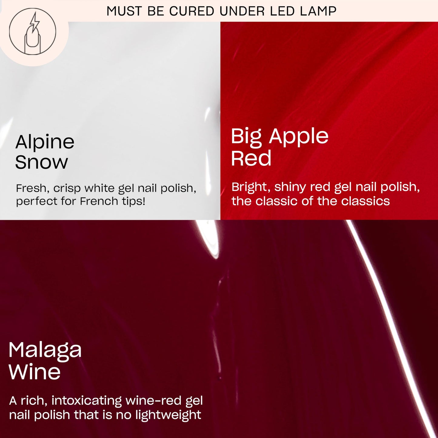 Dark Red OPI GelColor Iconic Shades Gel Nail Polish Trio Bundle | Big Apple Red, Bright Red + Alpine Snow, Soft White + Malaga Wine, Dark Red Crème UV Cure Gel Polish Colors