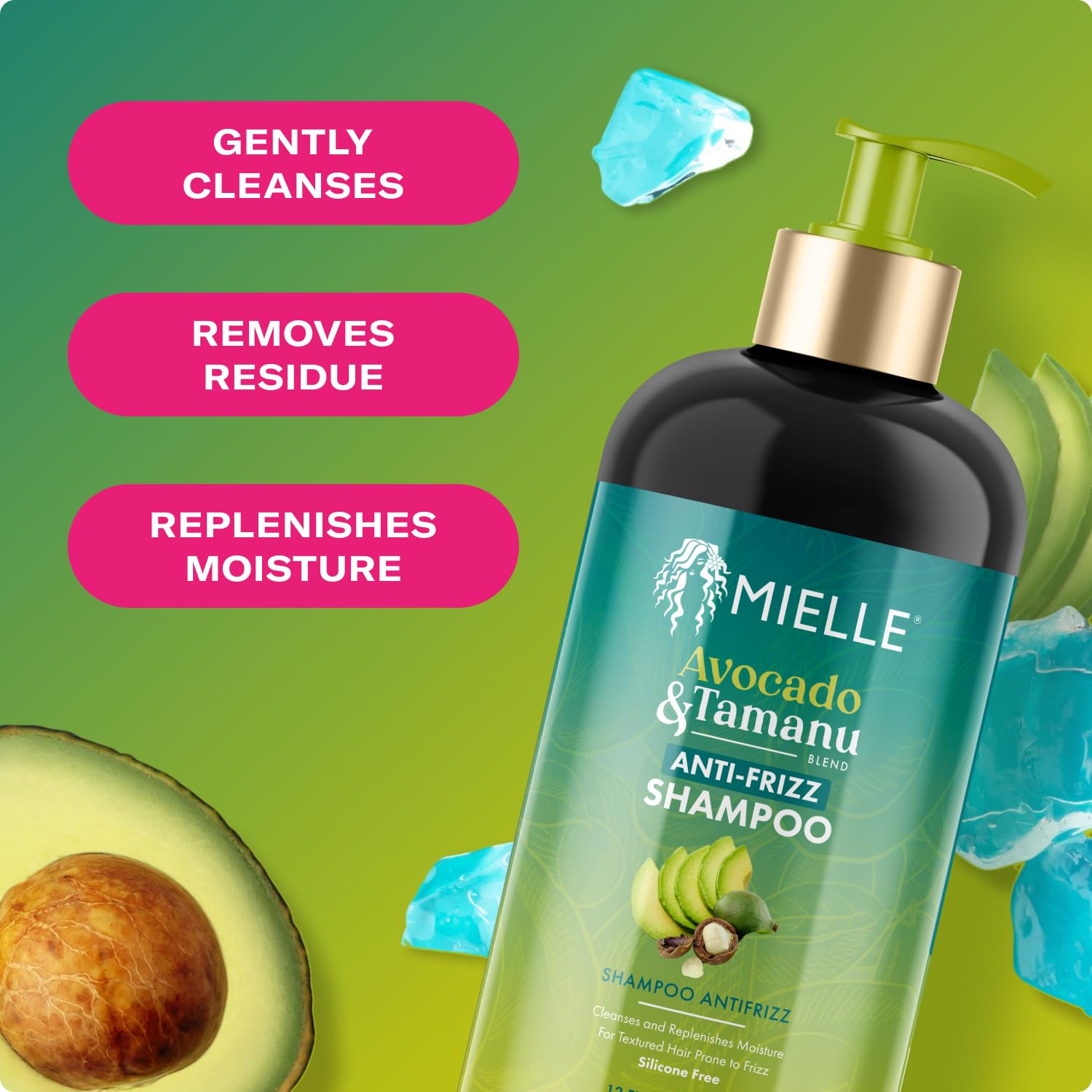 Yellow Green Mielle Organics Avocado & Tamanu Anti-Frizz Shampoo - Sulfate Free Smoothing Shampoo for Textured Curly & Straight Styles, Humidity Resistant Hair Care & Moisture Replenishing Scalp Cleanser, 12oz