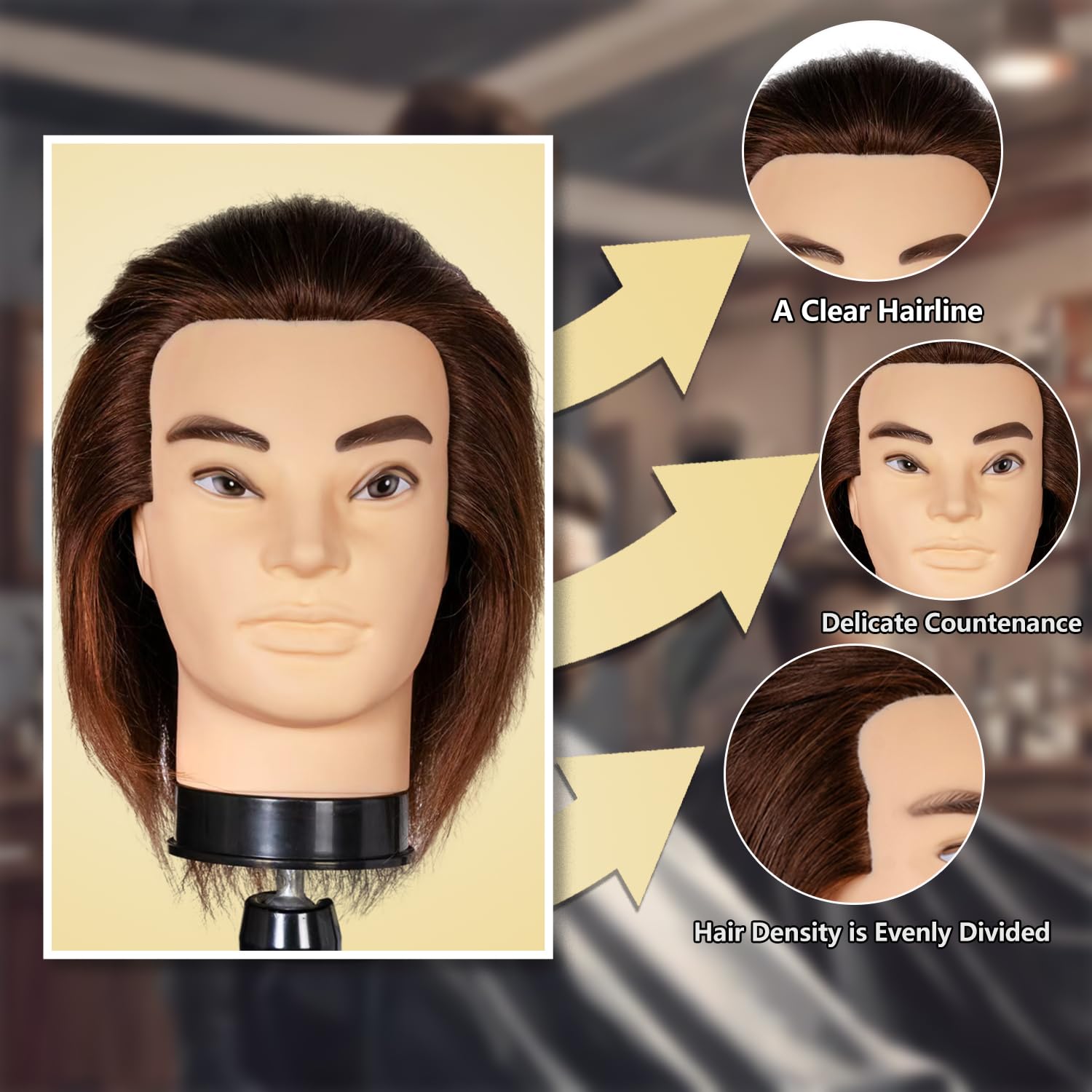 Bisque Male Mannequin Head with Human Hair 12'' Barber Mannequin Head 100% Training Head for Hair Cutting Styling Practice Head for Hairdresser with Clamp Stand (Brown)
