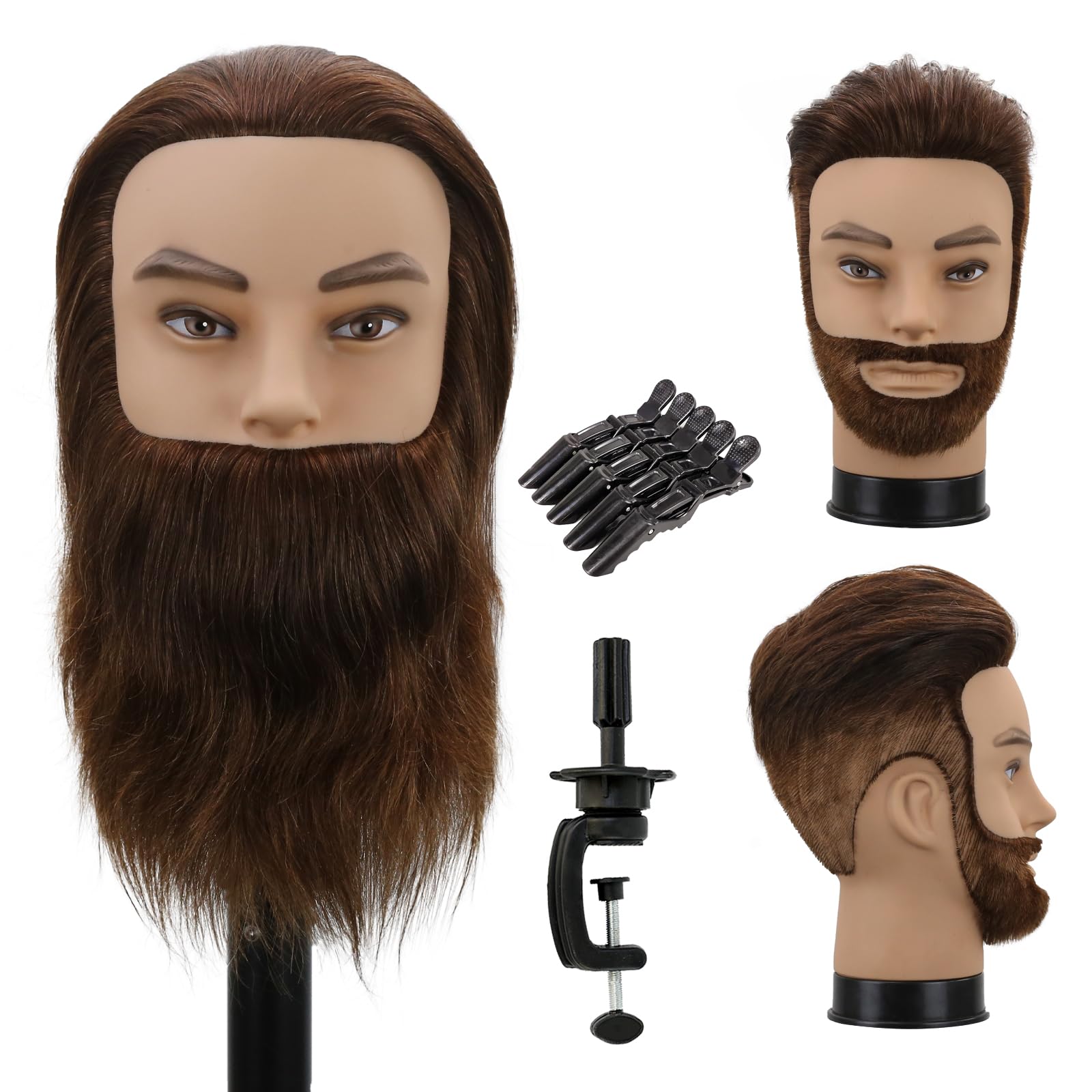 White Smoke Male Mannequin Head,Training Head with 100% Human Hair 12inch Barber Mannequin Head Male Mannequin Head With Beard for Hair Styling, Practicing Cut Styling（Dark Brown）