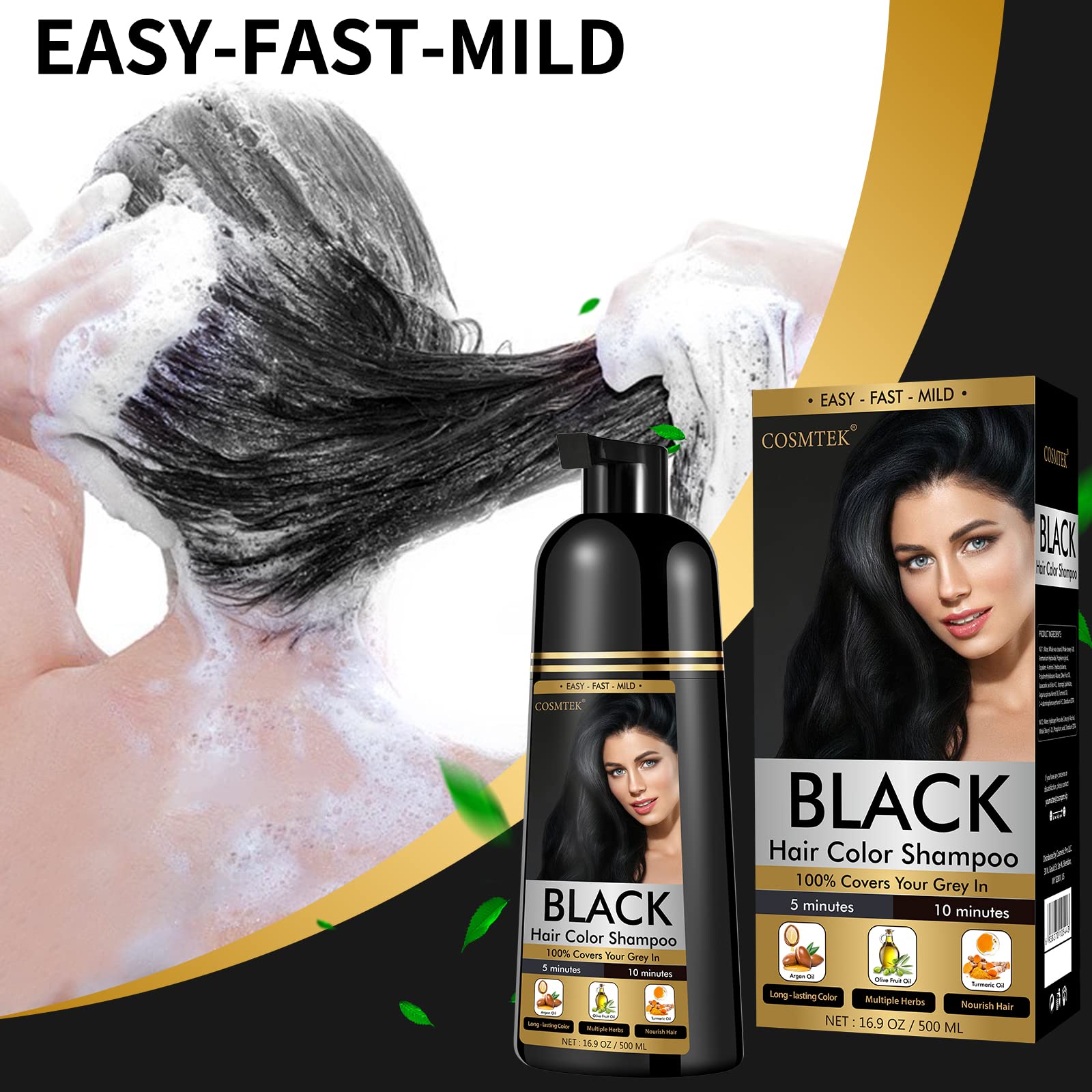 White Smoke COSMTEK Black Dye Shampoo for Permanent Hair Color - Men&Women, Gray Coverage, Beard & Treated Hair, 3-In-1, 30 Days/500ml/Ammonia-Free/Natural Herbal