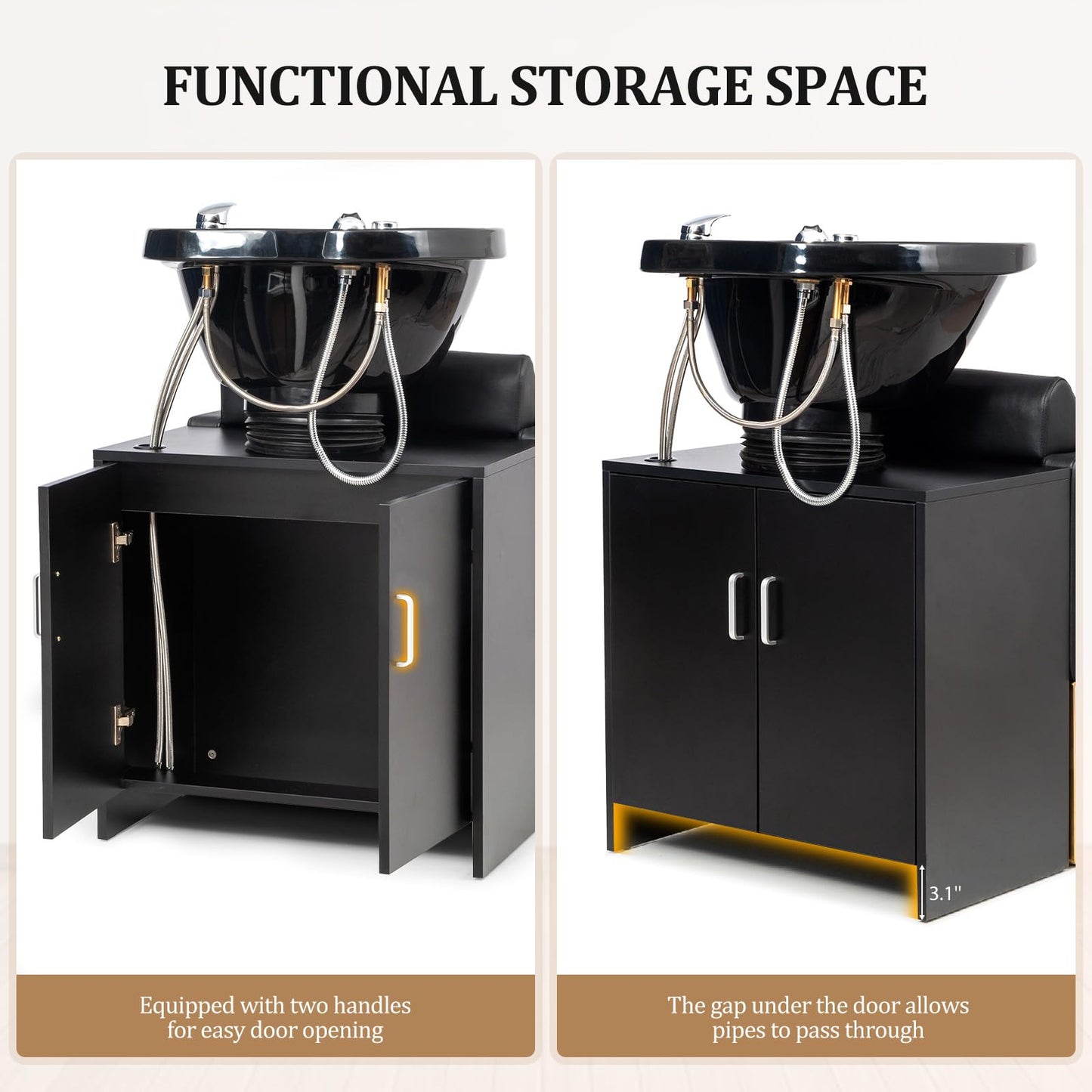 White Smoke OmySalon Shampoo Chairs for Salon, Stainless Steel Frame & UPC Certified Shampoo Bowl, Hair Washing Station, Backwash Unit for Beauty Spa Barbershop, Black and Gold