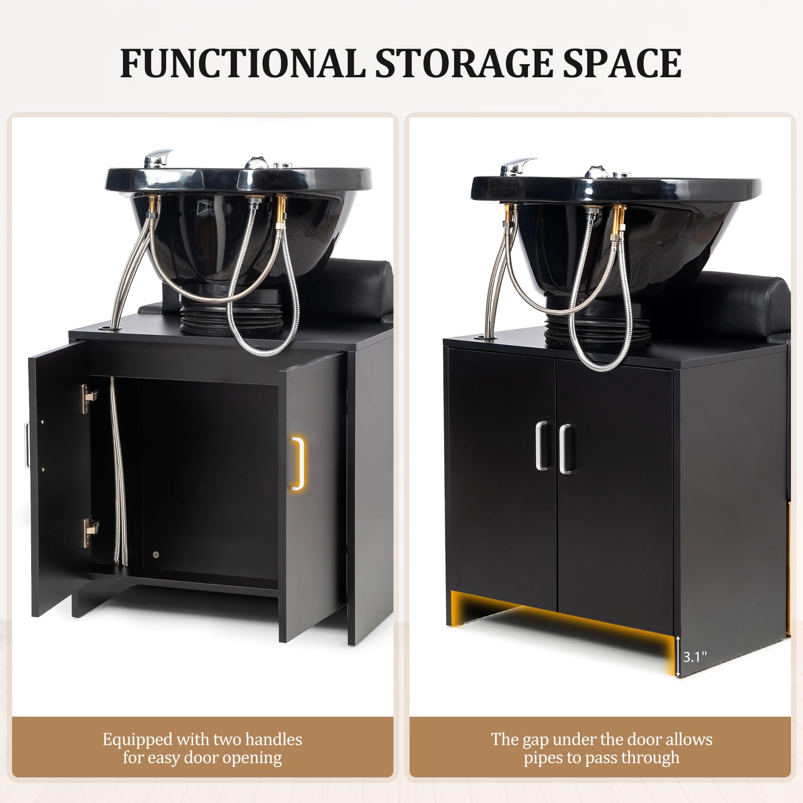 White Smoke OmySalon Shampoo Chairs for Salon, Stainless Steel Frame & UPC Certified Shampoo Bowl, Hair Washing Station, Backwash Unit for Beauty Spa Barbershop, Black and Gold