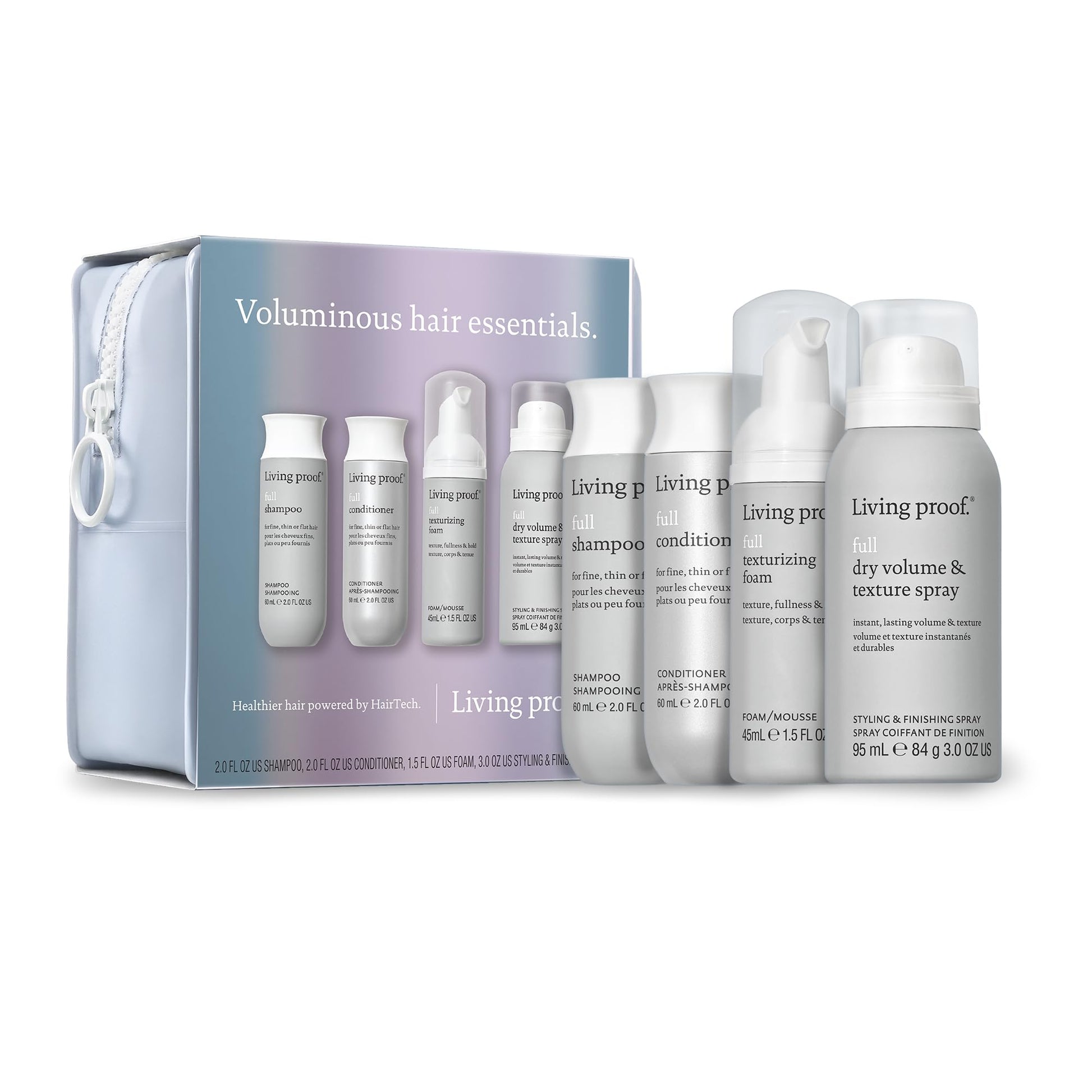 Gray Living Proof Voluminous Hair Essentials Kit - Travel Size Full Shampoo, Conditioner, Texture Foam and Dry Volume & Texture Spray ($76 value)