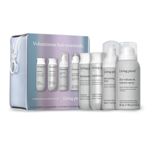 Gray Living Proof Voluminous Hair Essentials Kit - Travel Size Full Shampoo, Conditioner, Texture Foam and Dry Volume & Texture Spray ($76 value)
