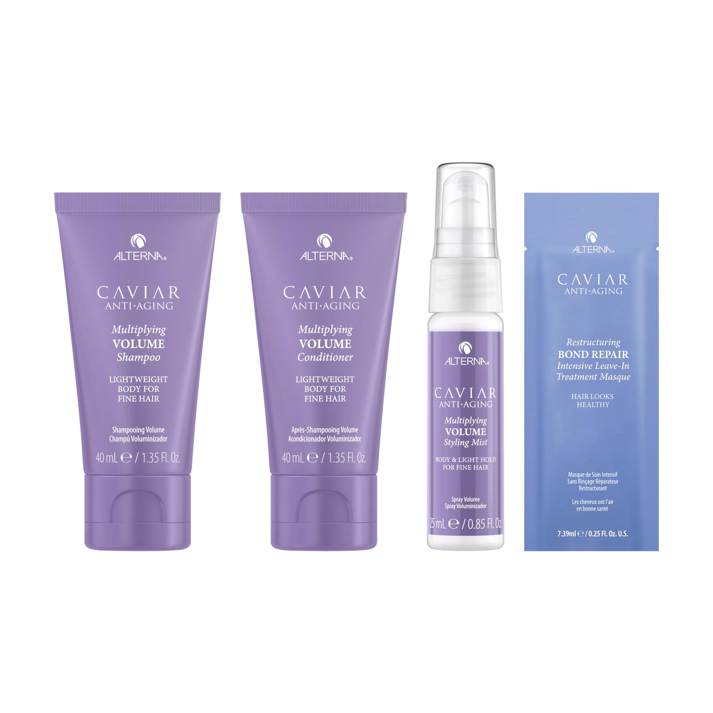 White Smoke Alterna Haircare CAVIAR Anti-Aging Multiplying Volume Travel Kit - Shampoo, Conditioner, Styling Mist | For Fine, Thin Hair | Light Hold | Sulfate Free