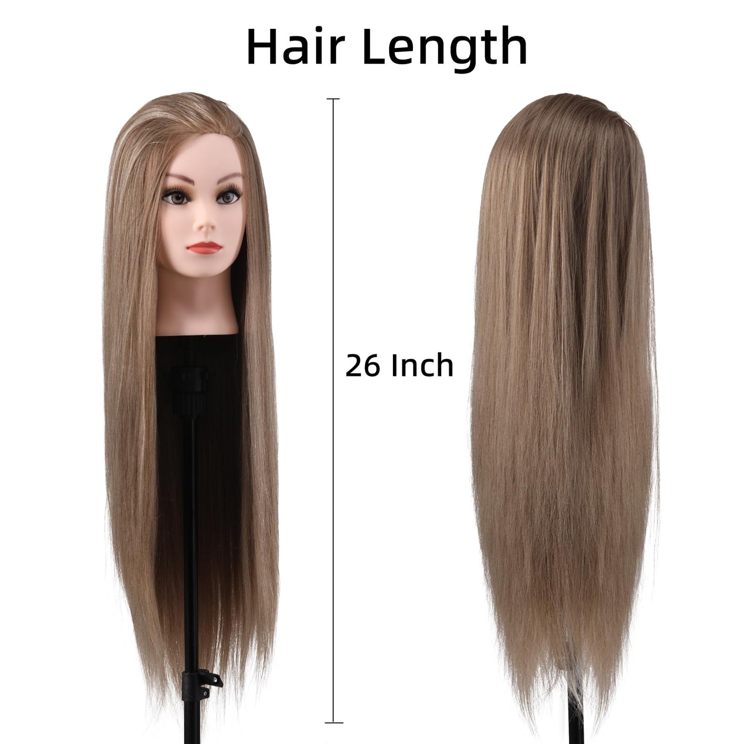 White Smoke Mannequin Head with Hair, 26" Hair Mannequin Manikin Head Hair Practice Cosmetology Hair Doll Head Styling Hairdressing Training Braiding Cutting Setting with Clamp Holder and Tools