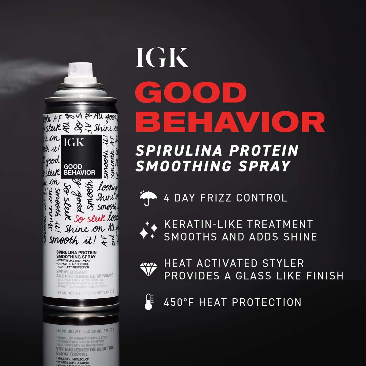 Dark Slate Gray IGK GOOD BEHAVIOR Spirulina Protein Smoothing Spray | Frizz Control + Heat Protectant | Vegan + Cruelty Free | 5.6 Oz