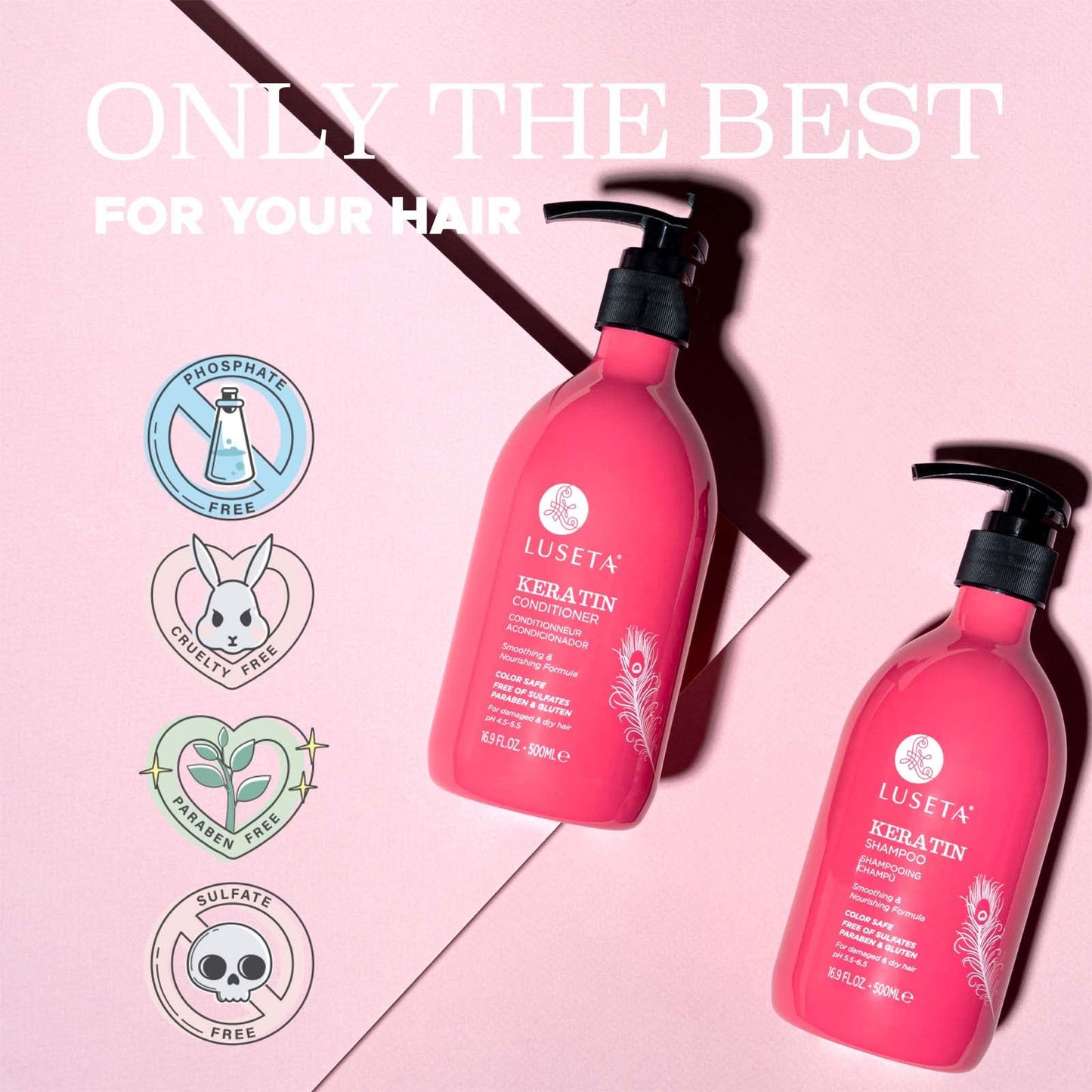 Misty Rose Luseta Keratin Shampoo and Conditioner for Color Treated Damaged & Dry Hair, Keratin Hair Treatment for Smoothing, Nourishing & Strengthening, Color Safe, Free of Sulfates and Gluten 2 X 16.9Oz