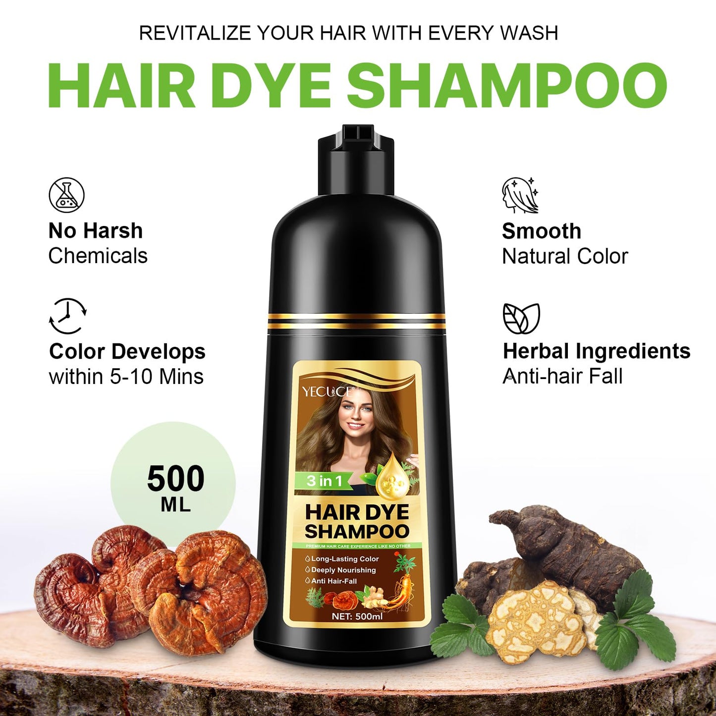 White Smoke Instant Hair Dye Shampoo Dark Coffee, 500ml Color for Gray Coverage, Nature Herbal 3 in 1 for Men and Women, Long Lasting 16.9 Fl Oz