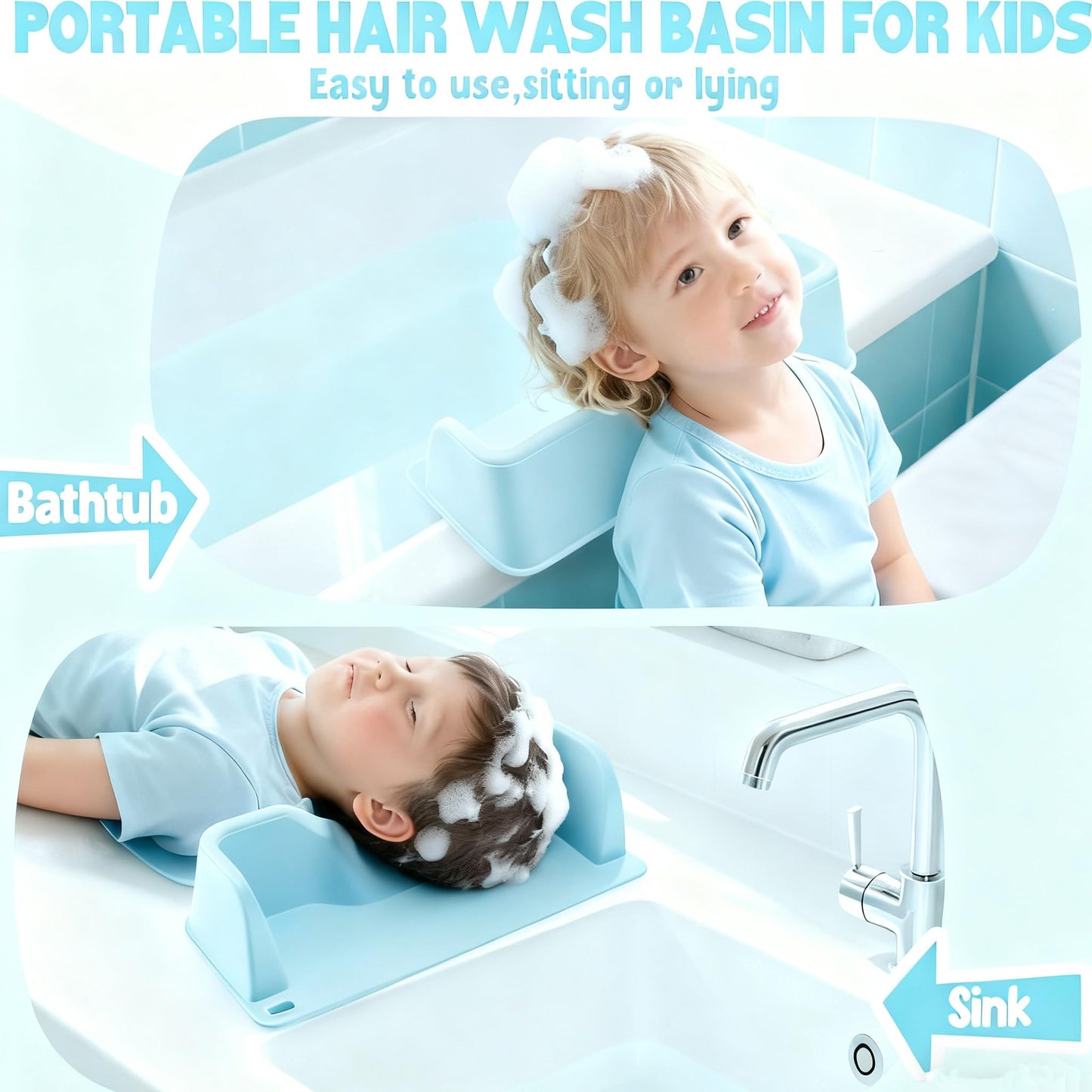 Alice Blue Portable Hair Washing Station,Silicone Hair Washing Basin for Toddlers,Children & Teens,Stable Sink/Bathtub Shampoo Buddy, Attached Shampoo Brush and Baby Bath Rinse Cup(Bule)