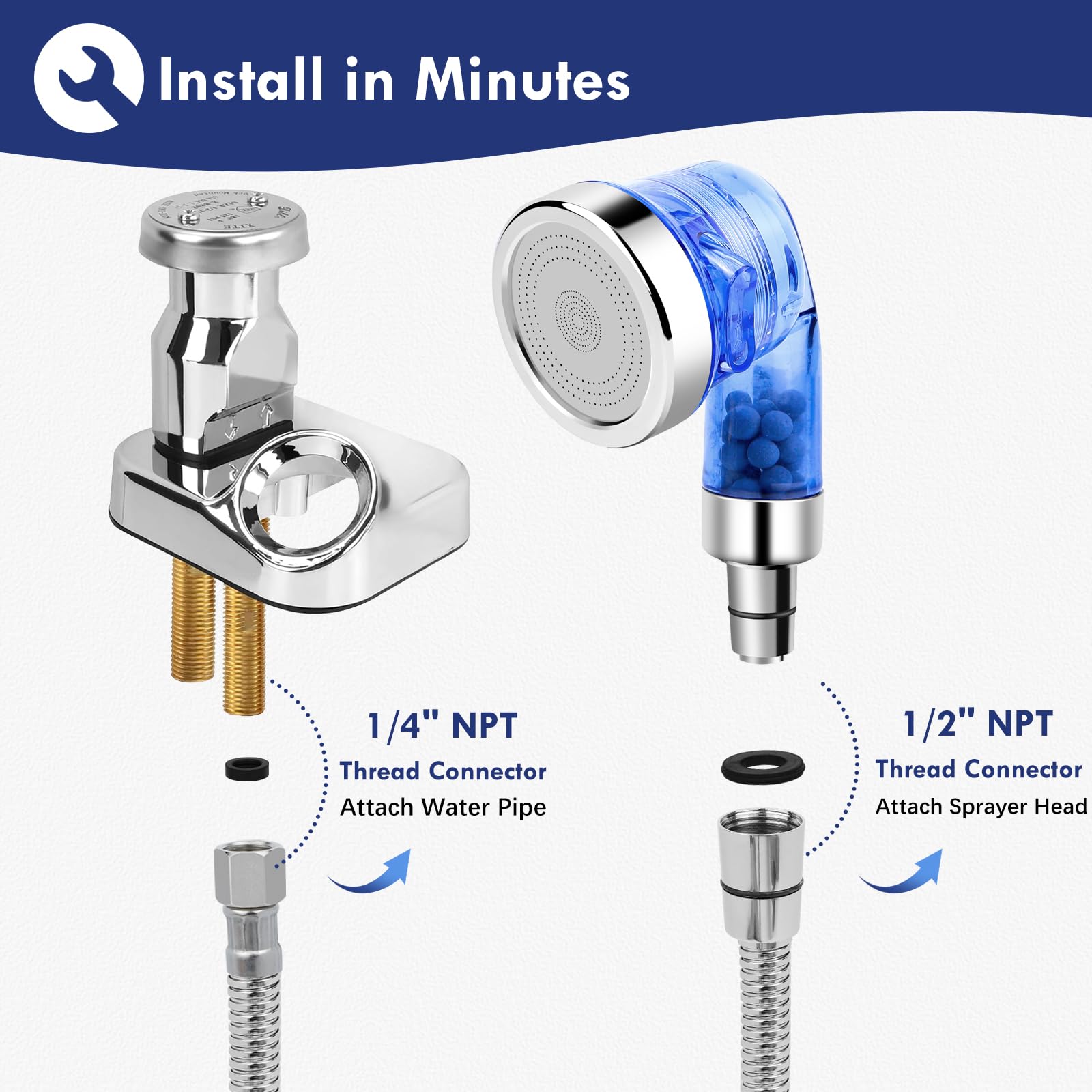 White Smoke LukLoy Blue Shampoo Bowl Sprayer Head with Filter, 1/4" Nut Shampoo Bowl Hose(Stainless Steel Material) for Portable Salon Sink, 3 Sprayer Modes & High Pressure