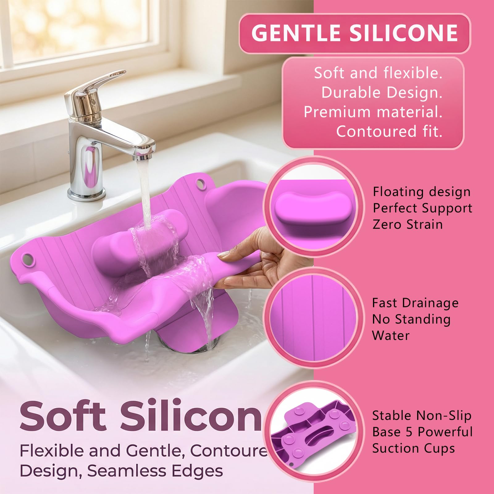 Pale Violet Red Cinlitek Portable Shampoo Bowl，Soft Silicone Hair Washing Basin with Neck-Floating Support for Kids, Elderly, Pregnant Women & Mobility Impaired, Ideal for Home Bathroom, Salon & Care Facilities