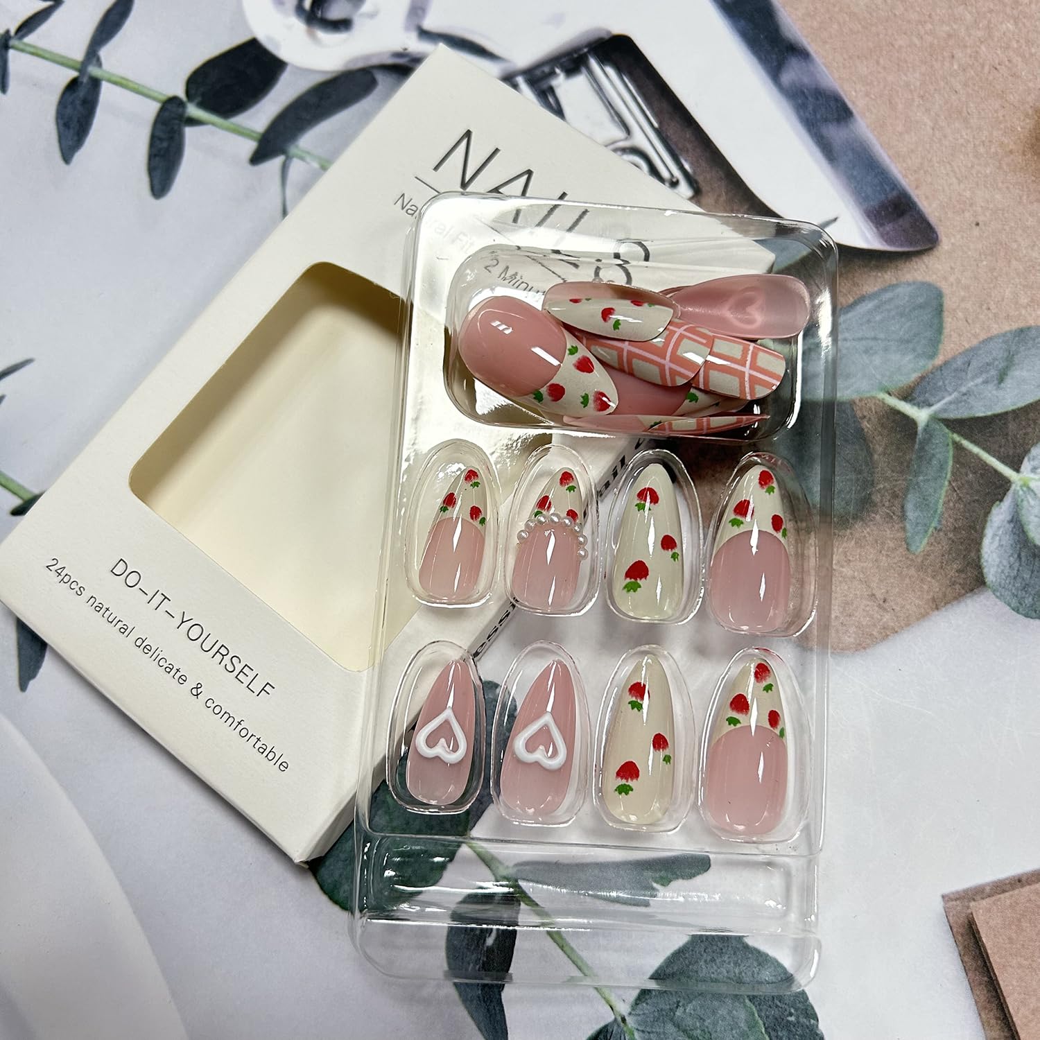 Light Gray Press On Alcove - Cute Strawberry 3D Love Heart & Pearl Design False Nails: Medium Almond, Artificial Acrylic, Full Coverage, Reusable Coffin, Glue On Nails for Women