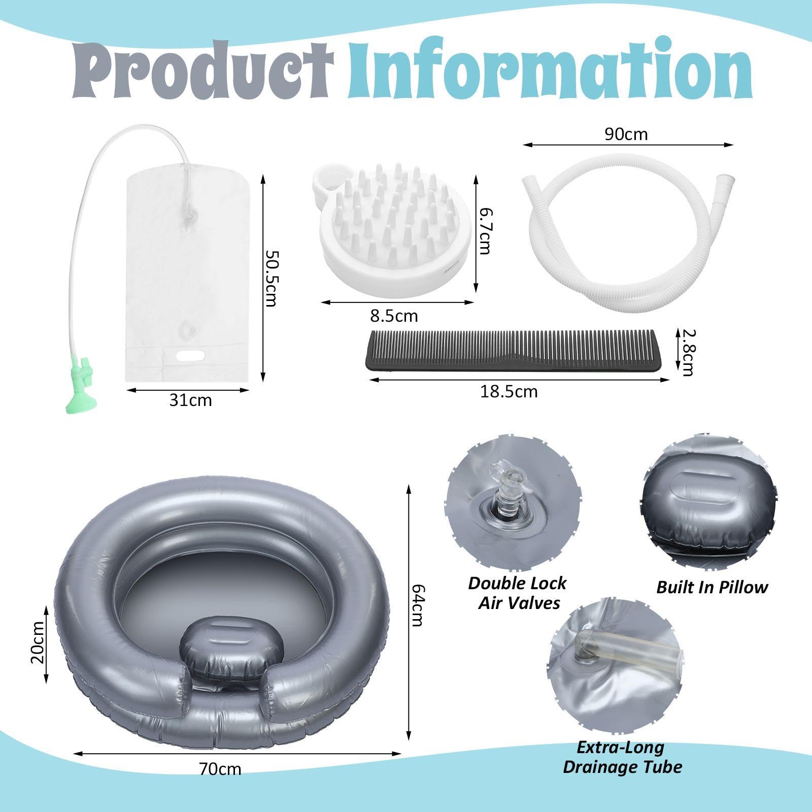 White Smoke LemonRoad Inflatable Shampoo Basin Set with Inflatable Shampoo Basin Comb Disposable Ear Cover Hairbrush Shower Bag for Elderly Disabled Pregnant Injured Bedridden Handicapped Home Sink for Locs Detox