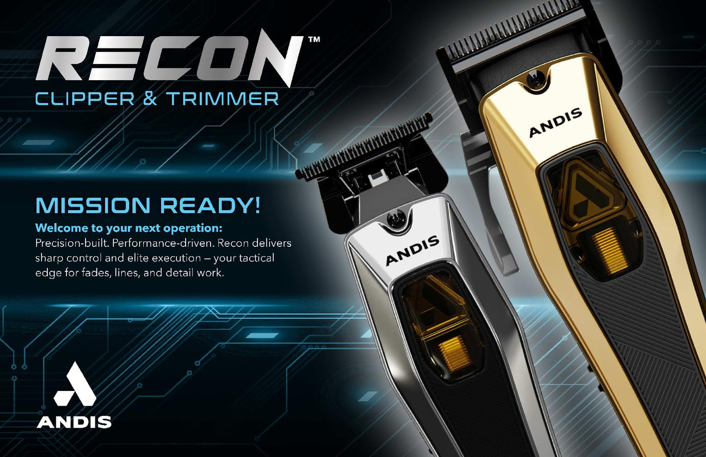 Black Andis 562446 Recon Professional Barber Vector Motor Hair Clipper, Adjustable-Fixed Phaze Blade, Includes OG Comb Set, Lithium Ion 4-Hour Run Time, Interchangeable Covers, Black/Gold