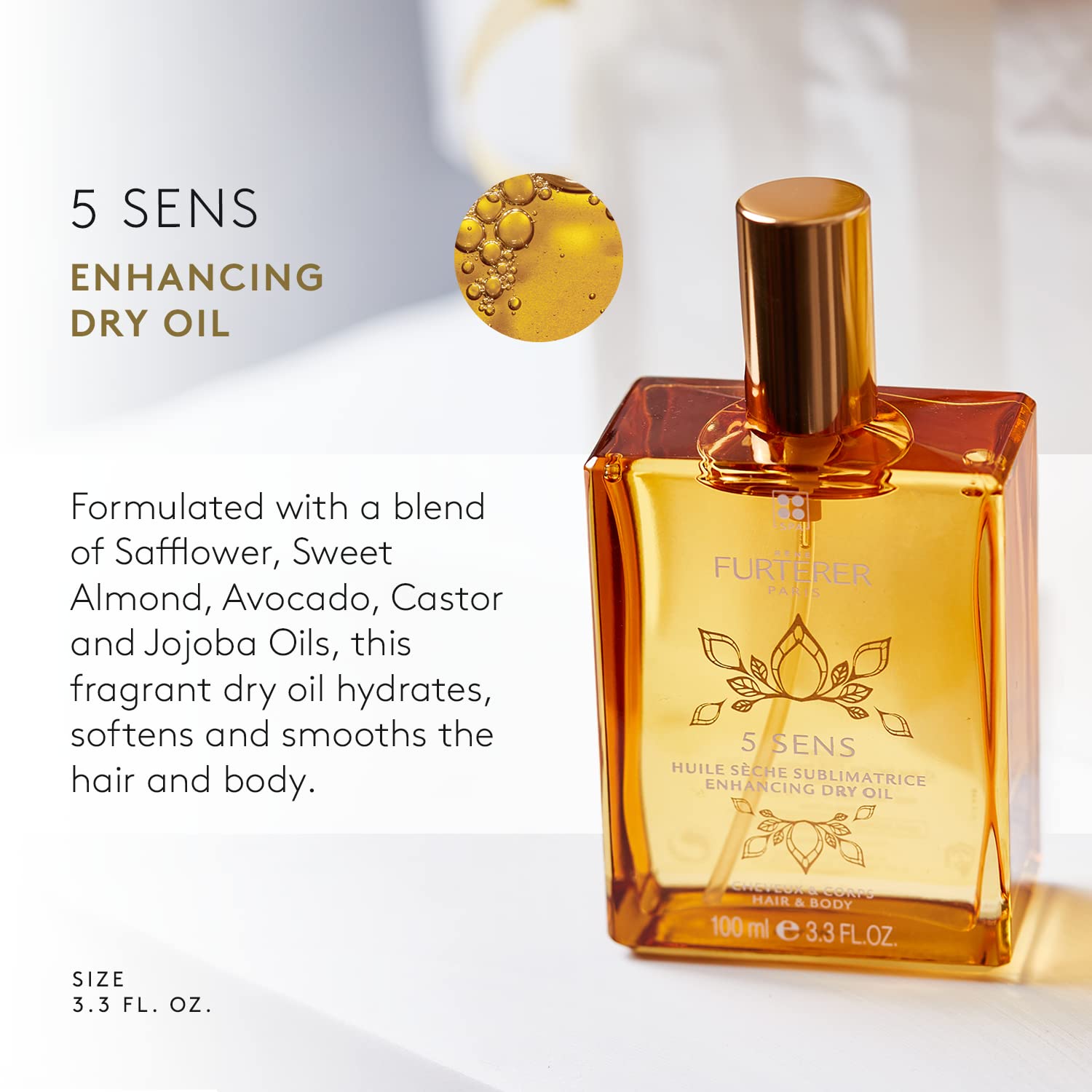 White Smoke Rene Furterer 5 SENS Enhancing Dry Oil - Multi-Purpose for Hair & Skin - With Jojoba Oil - Spray - 3.3 fl. oz.