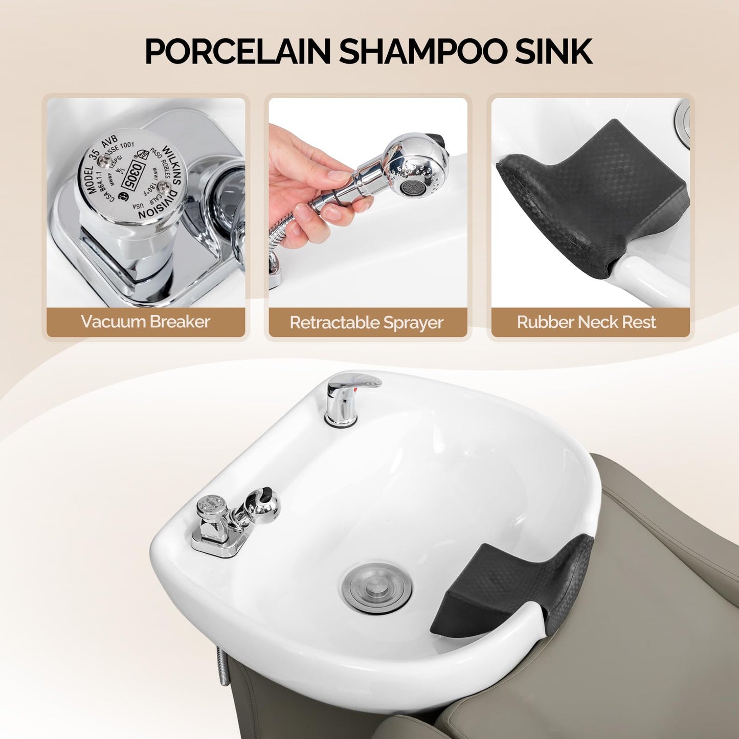 White Smoke OmySalon Shampoo Backwash Unit with White Porcelain Bowl, Salon Sink Hair Wash Chair Shampoo Station, Barbershop Beauty Spa Massage Hairdressing Equipment