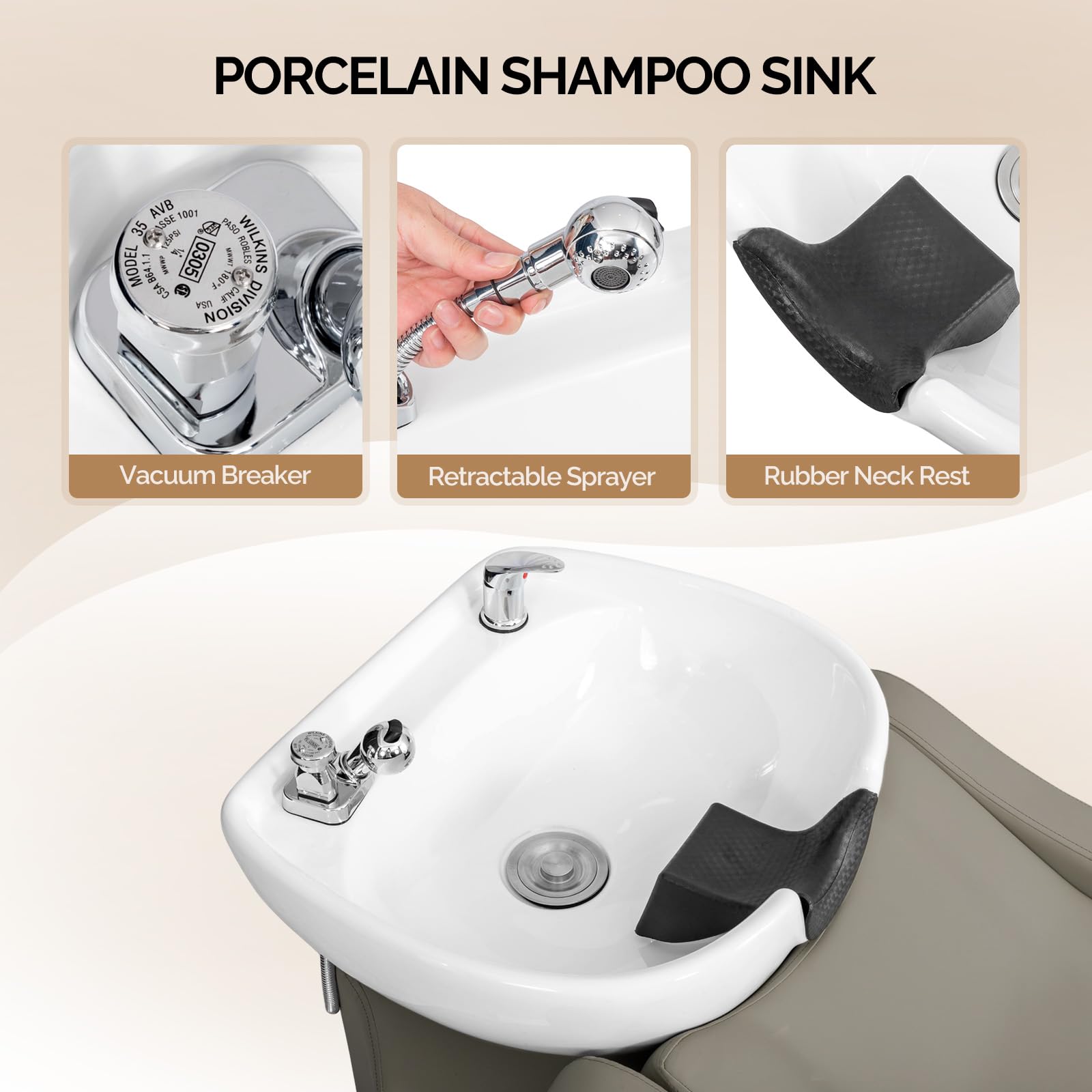White Smoke OmySalon Shampoo Backwash Unit with White Porcelain Bowl, Salon Sink Hair Wash Chair Shampoo Station, Barbershop Beauty Spa Massage Hairdressing Equipment