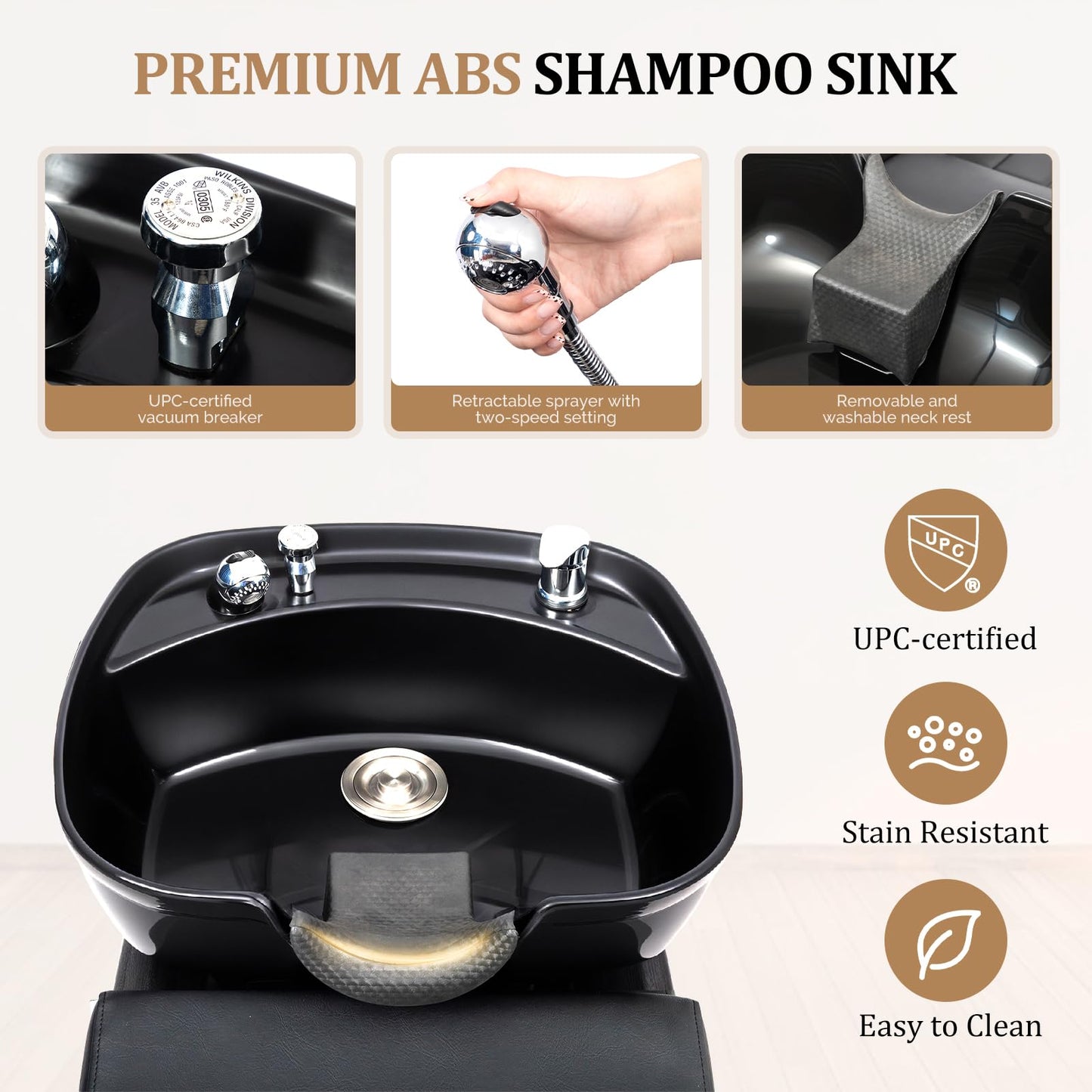 White Smoke OmySalon Backwash Unit with UPC Certified Shampoo Bowl & Storage Shelf, Hair Wash Chair Shampoo Station, Barbershop Beauty Spa Massage Hairdressing Equipment