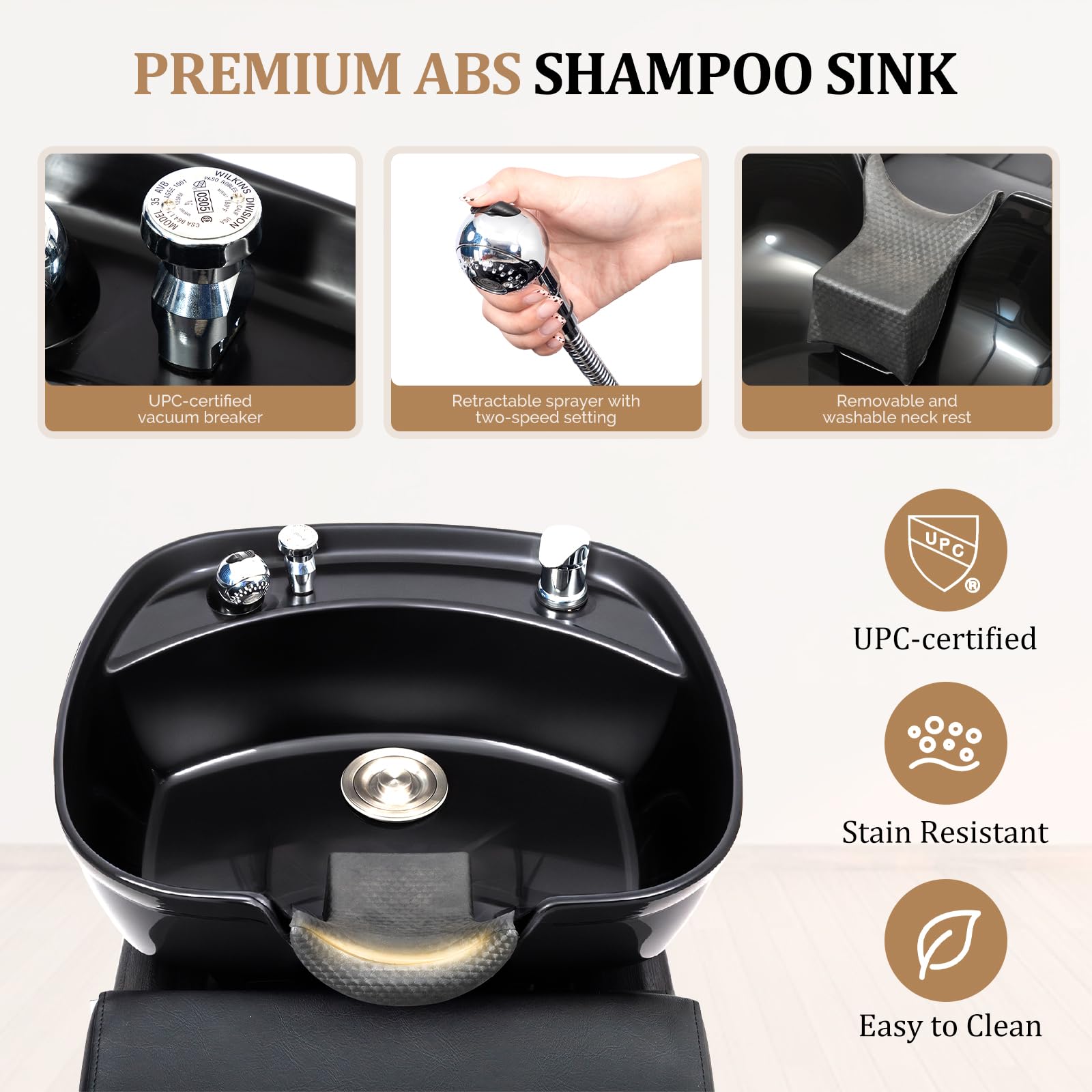 White Smoke Shampoo Bowl and Chair Set for Salon, Hair Washing Station for Hair Stylist, ABS Shampoo Sink with Footrest & Bottom Storage for Spa Beauty Barbershop