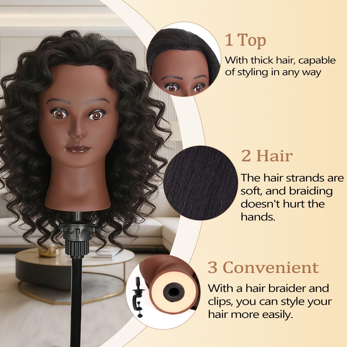 Bisque Mannequin Head with 100% Real Human Hair, Cosmetology Training Head for Hair Styling Braiding Cutting Curling, Professional Hairdresser Practice Manikin Head with Free Clamp (A01-Black-16)